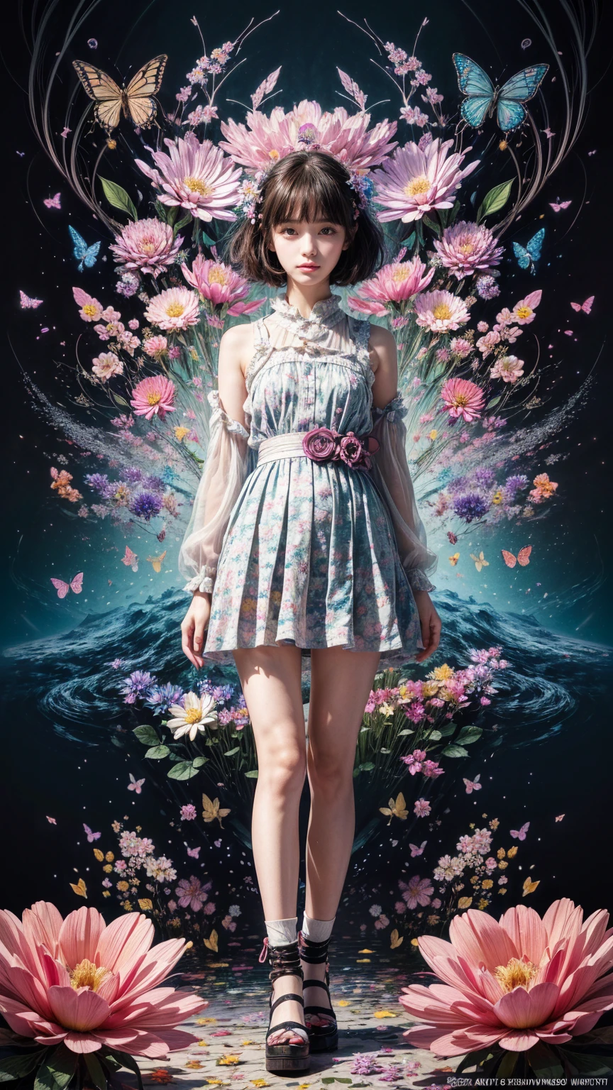 (masterpiece:1.1), (highest quality:1.1), (HDR:1.0), ambient light, ultra-high quality,( ultra detailed original illustration), (1girl, full body), ((harajuku fashion)), ((flowers with human eyes, flower eyes)), double exposure, fusion of fluid abstract art, glitch, (original illustration composition), (fusion of limited color, maximalism artstyle, geometric artstyle, butterflies, junk art)
