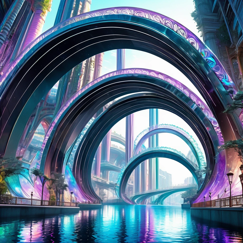 conceptual installation art, transparent arched bridge over the river, columns made of metal-plated coils, iridescent colors, futuristic fantasy, shading effects, gradation magic effects, (ultra detailed, absolutely resolution, best quality:1.3), 2.5D, delicate and dynamic, artistic photography, hyper realistic, graphic CG digital art