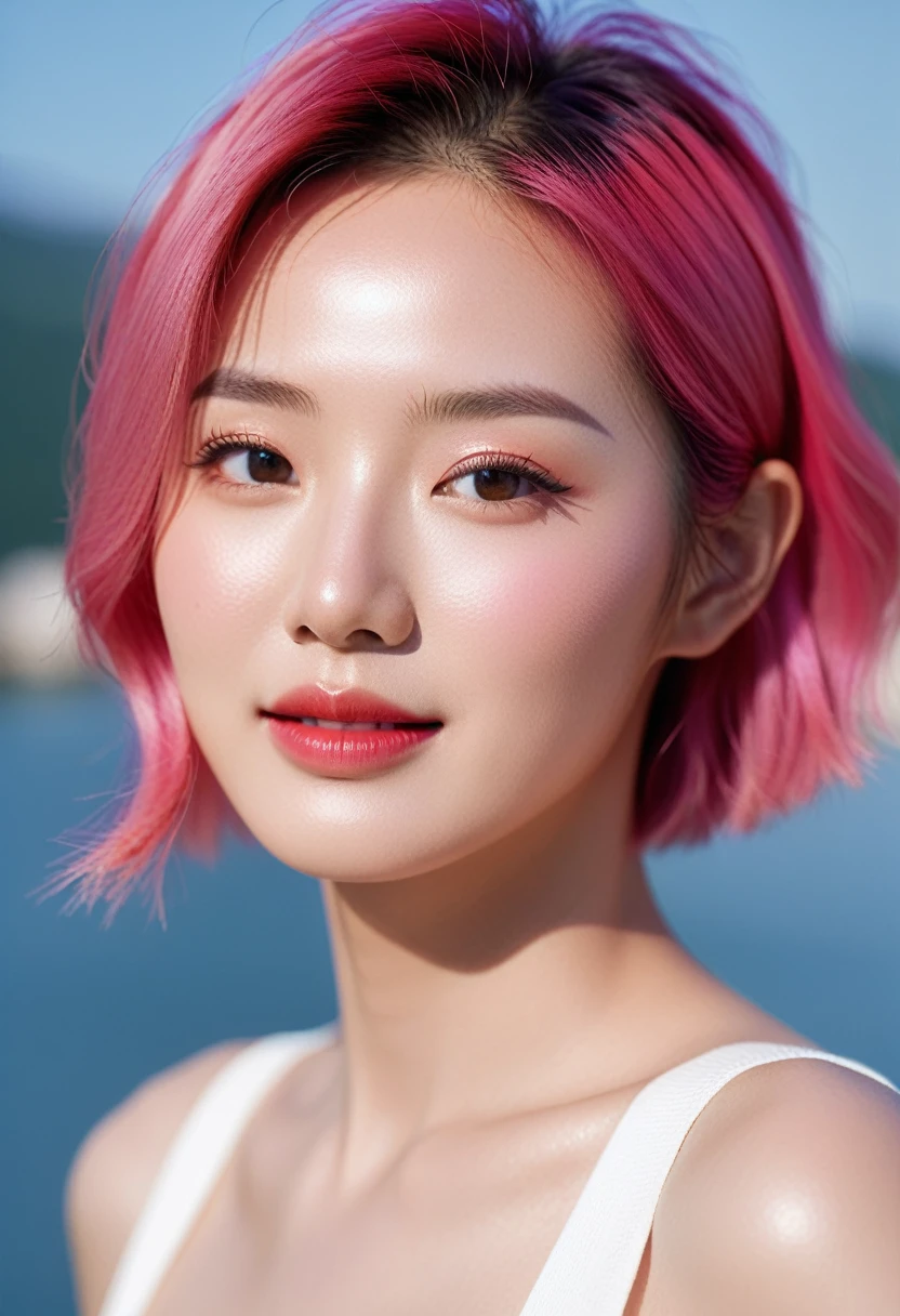 Close-up photo of the face of an extremely beautiful Korean female model with perfect body. Photo taken with Canon EOS R5 85mm f/11 Camera, ((sharp)) mode of people and surrounding scenery. Image quality ((8K)), ((lifelike)), ((masterpiece)), ((sharp and highest contrast)), ((great depth of field)), ((light stereolithography)).
((Pink hair)), ((high-end cosmetic makeup)), ((bright, radiant smile)), ((brilliant glossy red lipstick)), ((Ivory, white skin bright)), detailed pores, ((glossy skin)), ((Light shining directly on the face)), bright sunlight, (((Hyper Real)))