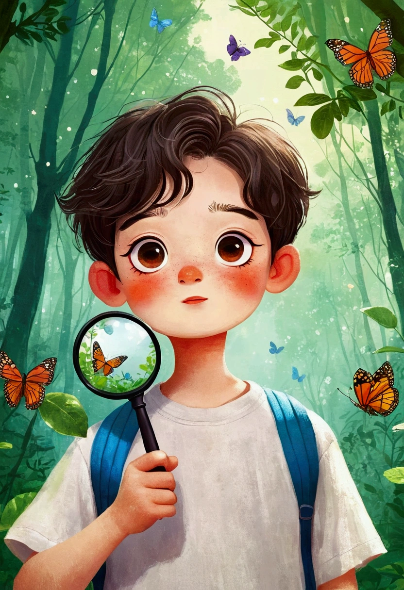 illustration:A boy in the forest observing a butterfly through a magnifying glass。 梅青 的故事书illustration, devianart contest winners, Concept Art, ??书籍illustration, ??书籍illustration, ??书籍illustration, ??书籍illustration, colorful ??书籍illustration, ??书籍illustration, Children's illustrations, ??书籍illustration, 故事书illustration, Children's illustrations