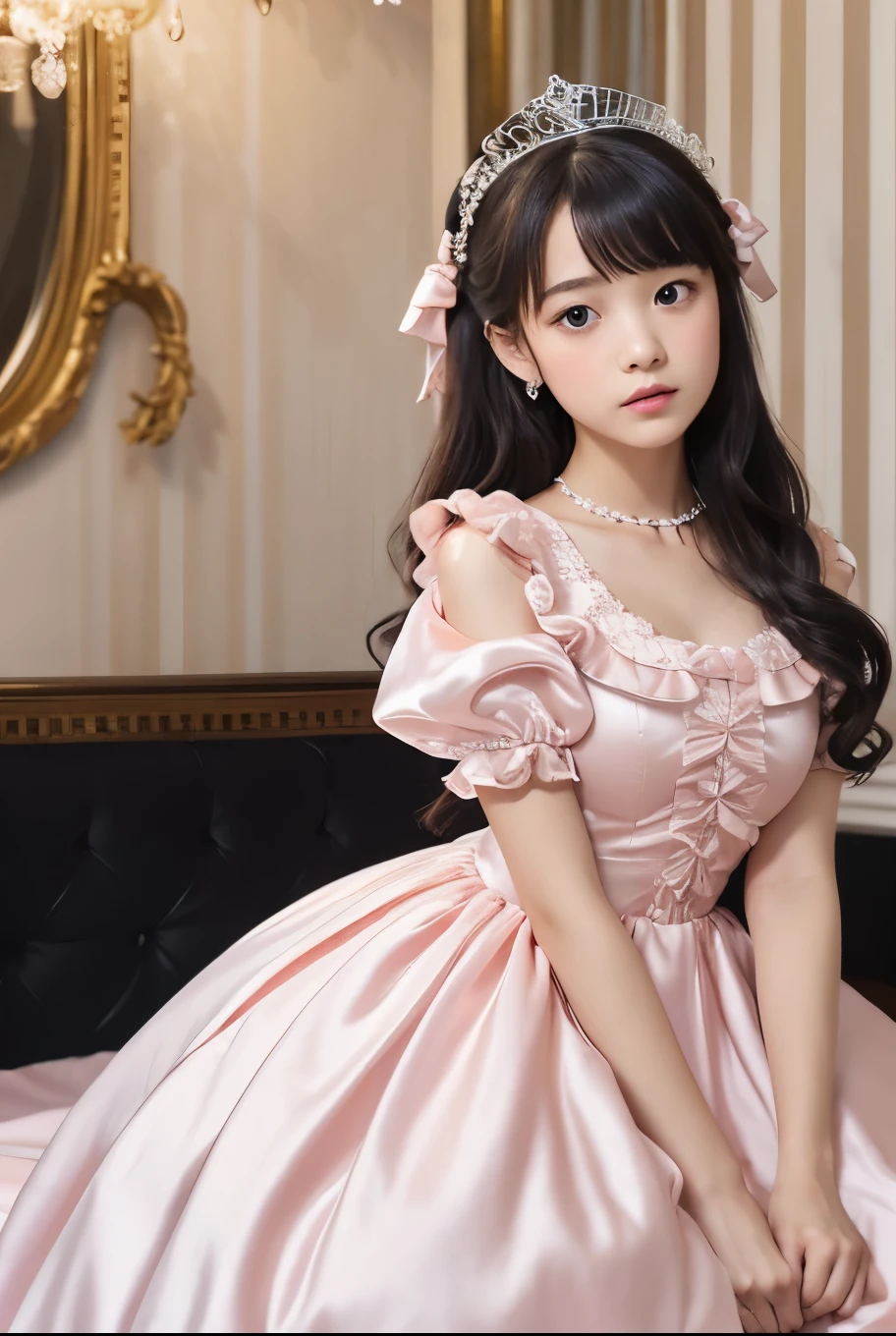 highest quality, masterpiece, highest resolution, artwork, super それにget used to it, many get used to it, get used to it, それにget used to it, 3k realistic pictures,,(( girl)),Ultra-detailed juvenile face,ultra-detailed beautiful little girls,girlsrincess,full length ball gown dress with hoop skirt,ruffled yoke collar,puff sleeves,midium sleeve,((Lolita style light pink detailed princess satin dress with lots of ruffles and ribbons)),Rococo style lolita fashion,shiny satin dress,Soft and smooth fabric,detailed princess dress,luxury,long black hair,dark eyes,white skin Japanese,Pajama,((in the bedroom of the palace)),luxury princess ,shiny satin sheets,ultra-detailed princess bed,High-quality background,lot of frilled pillows,on the bed,