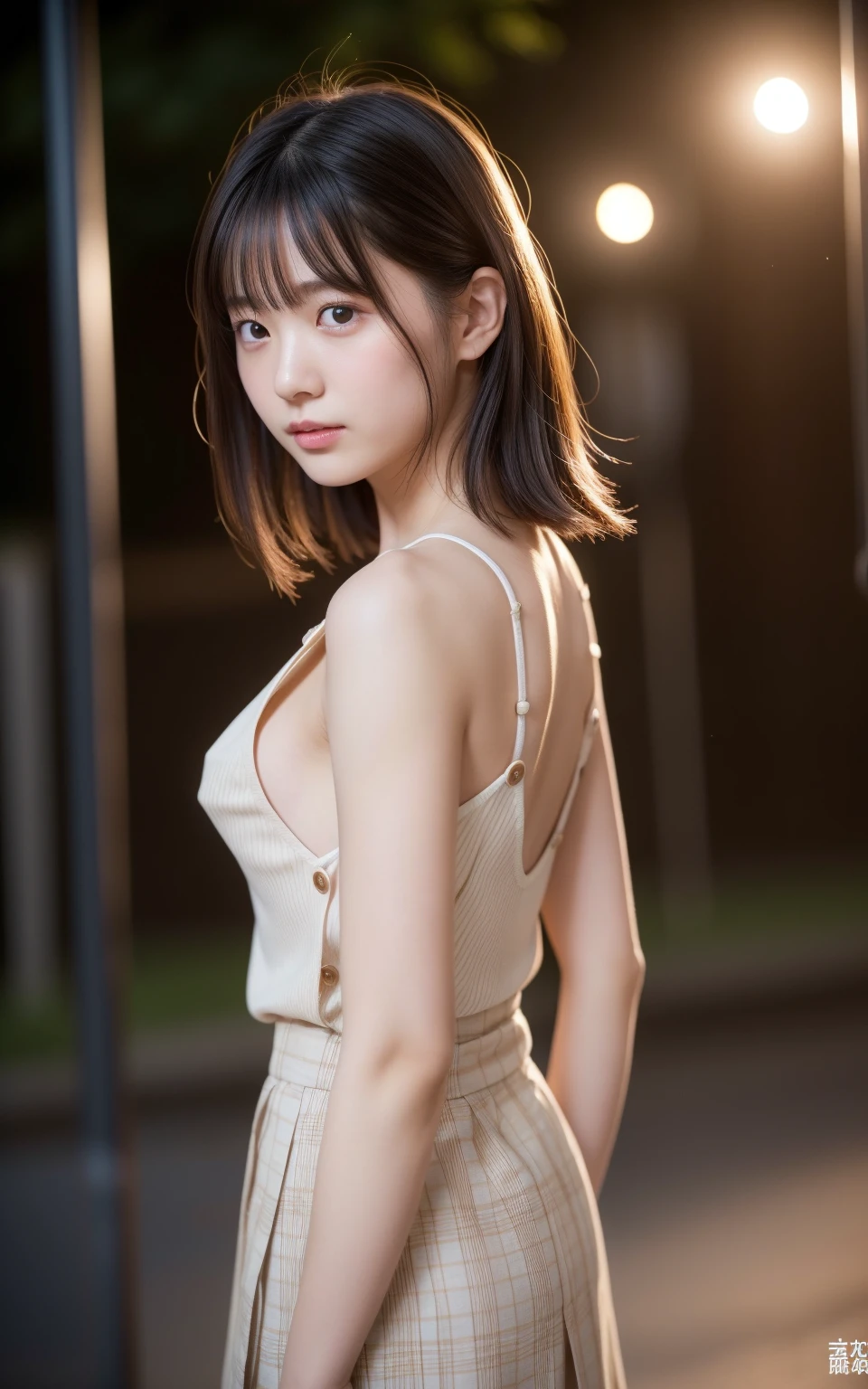 （8k、live-action、Raw photo、Highest quality、masterpiece：1.2),(Town、Outdoors,Front lighting:1.2),((Perfect lighting)),(濡れたhair),Watching the audience,(Standing pose:1.4), strong,Erotic,18-year-old,student,White skin,knees,Small Face,前hairを真ん中から分けます、The forehead is visible,skinny,skinny)、masterpiece,Highest quality、超A high resolution,One person, solo,Close-up shot、cute、Back to Students,(Button Gap:1.3),High school girl,Japanese women,（フォトReal：1.37）、Photon Mapping,Realistic、cuteSmall Face,Brown eyes、prospect、Depth of written boundary、Blurred Background、Real,(前hairが見える), hair, kneesが見える, thigh,(Nogizaka Idol), actress、Big and ample breasts、Cleavage、Super fine、Low people、(Skin with visible pores:1.2)、(Focus on the face)、Natural neck、Check and correct the skeleton