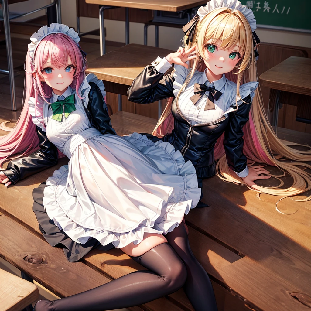 middle School girls,smile,Best Quality,High-dimensional beautiful girl,Multidimensional beautiful girl,Several girls are depicted,Maid clothes,cuteMaid clothes,8k,Highest quality,Long Hair,cute,fluffy,Angel,新しいMaid clothes,Latest Fashion,Long Hair,Green Eyes,Beautiful feet,The top of beautiful girls,School,classroom,perfection,masterpiece,Have sparkling eyes,tights,Horny girl,Naughty Girls,美しいcute女の子,Horny girl,Beautiful girl,leather jacket,Latest Fashionコーデ,Multicolored hair colors,Latest Fashion, girl,