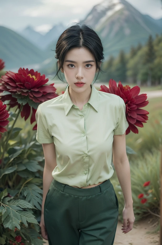 (((best quality))),(((ultra detailed))),(((masterpiece))),illustration,((1 beautiful girl,tomboy,solo)),(short black hair:1.3),((slim,thin)),((small breasts,thin)), vigorous, confident, (light green collared short-sleeved shirt:1.3), (dark green pants:1.2),(slender legs:1.2),(standing:1.3),simplicity, robustness, strong features, (Abandoned Gobi Scene:1.3),(Rock surface:1.2),glowing eyes, rebellious, sensible, (mountainous landscape:1.3), (beside a vibrant red flower:1.3),elegance, unyielding spirit, youthful beauty, strength, resilience, adversity, challenges,((from front,upper body))