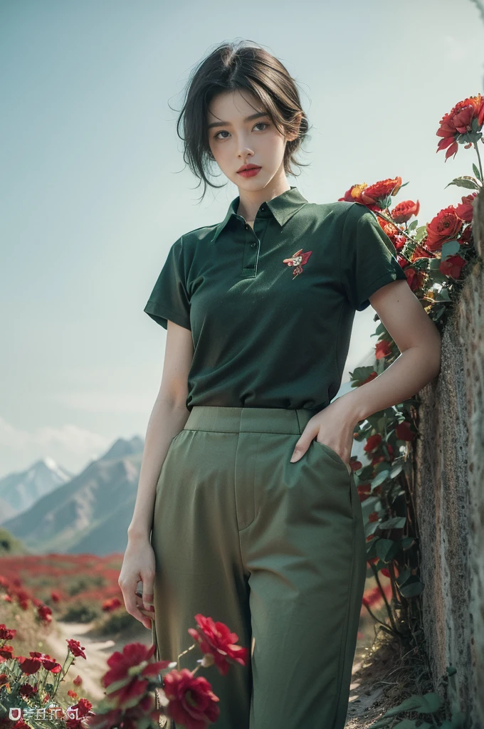 (((best quality))),(((ultra detailed))),(((masterpiece))),illustration,((1 beautiful girl,tomboy,solo)),(short black hair:1.3),((slim,thin)),((small breasts,thin)), vigorous, confident, (light green collared short-sleeved shirt:1.3), (dark green pants:1.2),(slender legs:1.2),(standing:1.3),simplicity, robustness, strong features, (Abandoned Gobi Scene:1.3),(Rock surface:1.2),glowing eyes, rebellious, sensible, (mountainous landscape:1.3), (beside a vibrant red flower:1.3),elegance, unyielding spirit, youthful beauty, strength, resilience, adversity, challenges,((from front,upper body))
