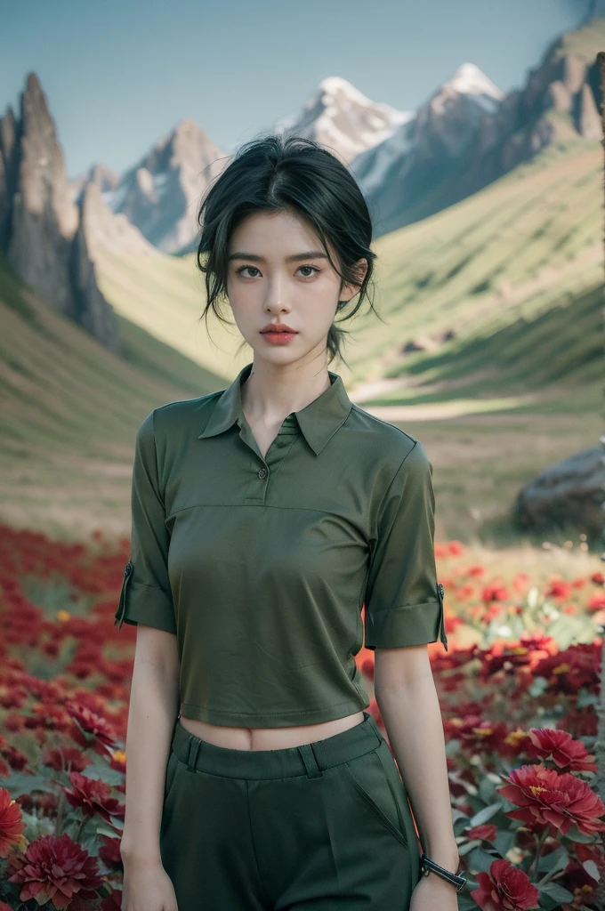 (((best quality))),(((ultra detailed))),(((masterpiece))),illustration,((1 beautiful girl,tomboy,solo)),(short black hair:1.3),((slim,thin)),((small breasts,thin)), vigorous, confident, (light green collared short-sleeved shirt:1.3), (dark green pants:1.2),(slender legs:1.2),(standing:1.3),simplicity, robustness, strong features, (Abandoned Gobi Scene:1.3),(Rock surface:1.2),glowing eyes, rebellious, sensible, (mountainous landscape:1.3), (beside a vibrant red flower:1.3),elegance, unyielding spirit, youthful beauty, strength, resilience, adversity, challenges,((from front,upper body))