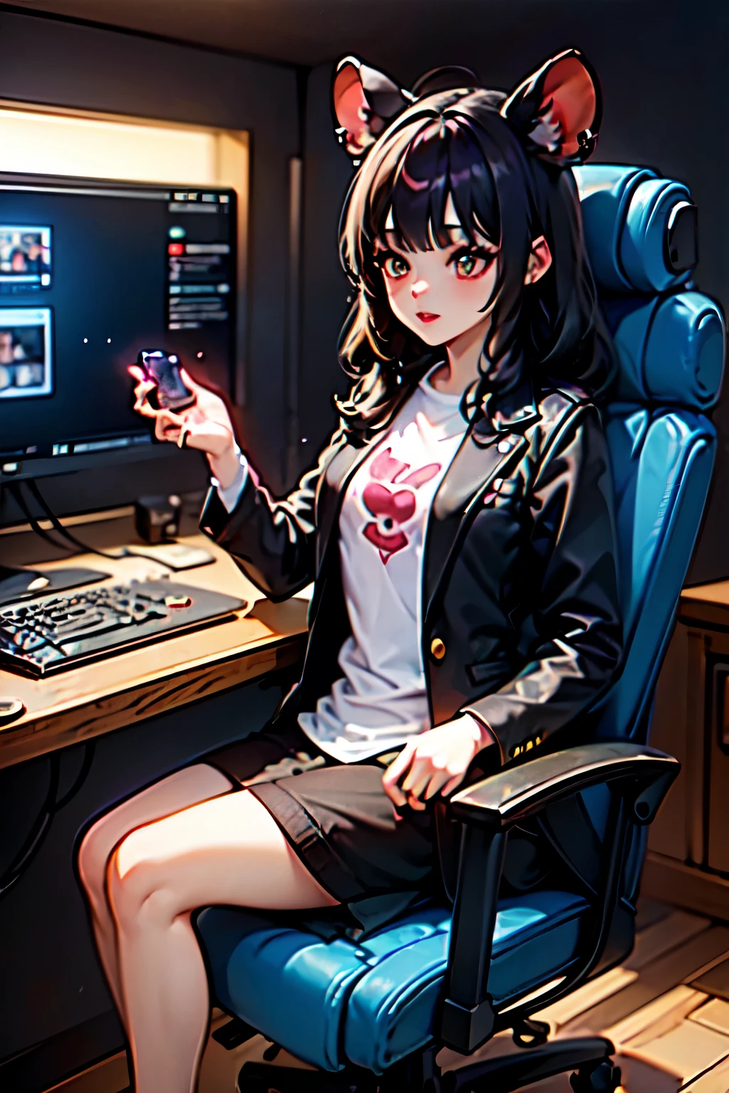 (junkotvv, cabello negro, (((orejas de gato))), ojos rojos), The room is dark, but LED indirect lighting and LED PC parts illuminate the inside of the PC, making it bright.The keyboard is also a model with blue LEDs that shine in the gaps, and the mouse has a logo that glows with red LEDs.
A girl is wearing VR goggles in her housecoat, holding a VR controller and playing some game, sitting on a gaming chair, her legs raised on the edge of the gaming chair. There is,