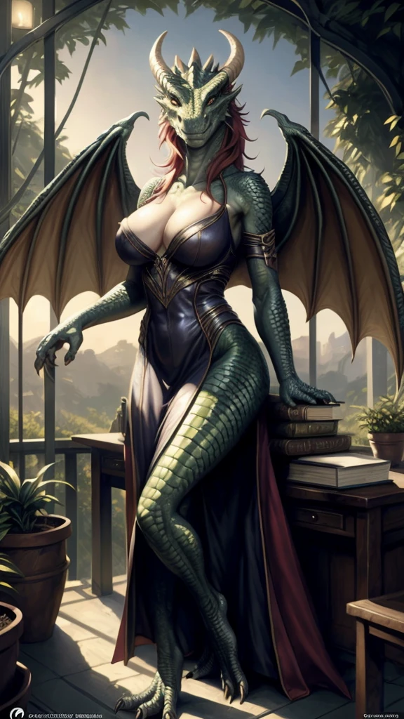 Female dragonborn, green dragonborn, solo, horns, wings, tail, red hair, fantasy dress, detailed face, big breasts, cleavage, book on desk, dusk, porch with lots of pot plants and vines, ((masterpiece, best quality)), art by greg rutkowski