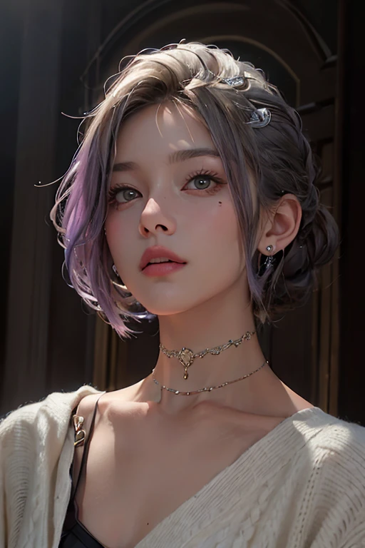 best qualtiy,tmasterpiece,Ultra-high resolution,(realisticlying:1.4),RAW photogr,beautiful photograph (N4T3 mm:0.99), A 20-year-old woman, Small and beautiful, standing on your feet,cabellos largos dorados, 耳Nipple Ring,choker necklace,Issuing,Coffee-colored cardigan sweater,Lilac slip dress long dress,Light green wedding dress,Solid color panties,Bare legged,long leges,high-heels,Big wind,In the daytime, beachside,Beautiful nipples,Are thin,Flat ,Small breasts, (Masterpiece:1.2) (Photorealistic:1.2) (bokeh) (Best quality) (Detailed skin:1.2) (Intricate details) (In the daytime) (32K) (hdr) (Cinematic lighting) (Sharp focus), (Looking at the camera:1.1), ((closeup portrait:1.2)), (Earrings),