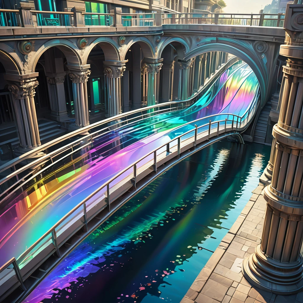 conceptual installation art, transparent arched bridge over the river, columns made of metal-plated coils, iridescent colors, futuristic fantasy, shading effects, gradation magic effects, (ultra detailed, absolutely resolution, best quality:1.3), 2.5D, delicate and dynamic, artistic photography, hyper realistic, graphic CG digital art