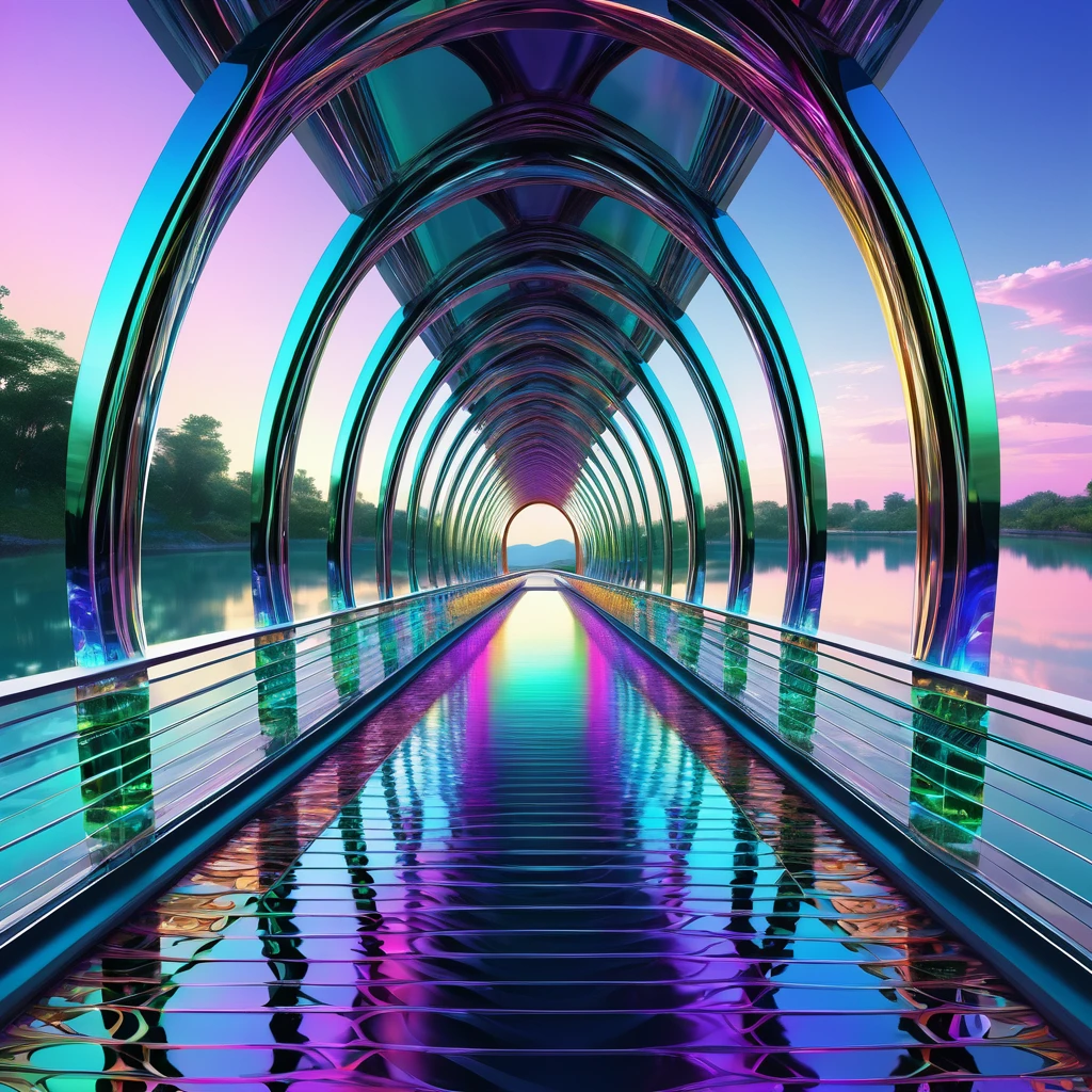 conceptual installation art, transparent arched bridge over the river, columns made of metal-plated coils, iridescent colors, futuristic fantasy, shading effects, gradation magic effects, (ultra detailed, absolutely resolution, best quality:1.3), 2.5D, delicate and dynamic, artistic photography, hyper realistic, graphic CG digital art