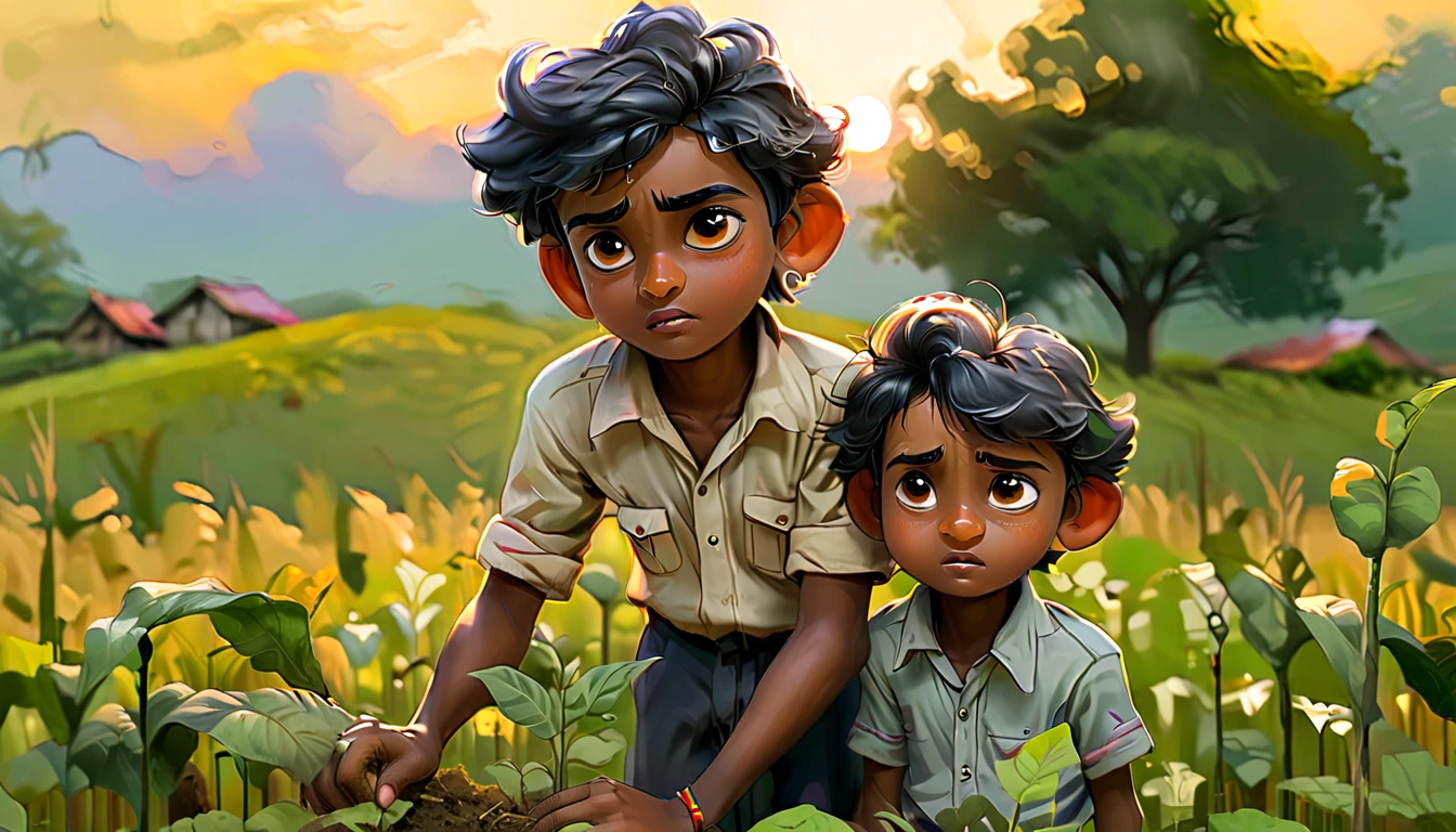  Raju helping his father in the fields after school, showing his dedication.

Elements: Raju and his father working together in the fields, planting or tending to crops.
Lighting: Soft, golden evening light creating a serene atmosphere.
Vibe: Hardworking, cooperative, and committed.