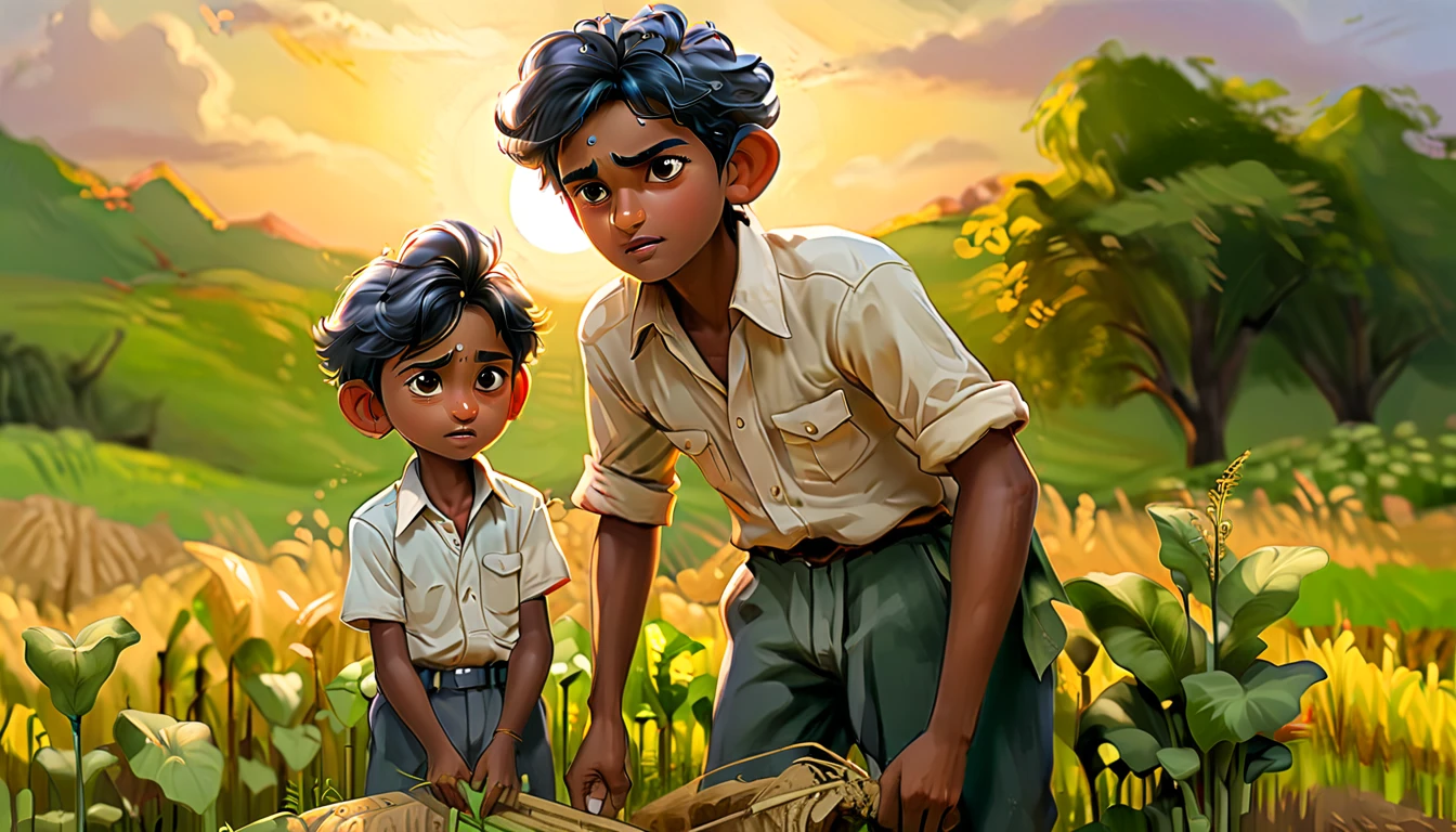  Raju helping his father in the fields after school, showing his dedication.

Elements: Raju and his father working together in the fields, planting or tending to crops.
Lighting: Soft, golden evening light creating a serene atmosphere.
Vibe: Hardworking, cooperative, and committed.