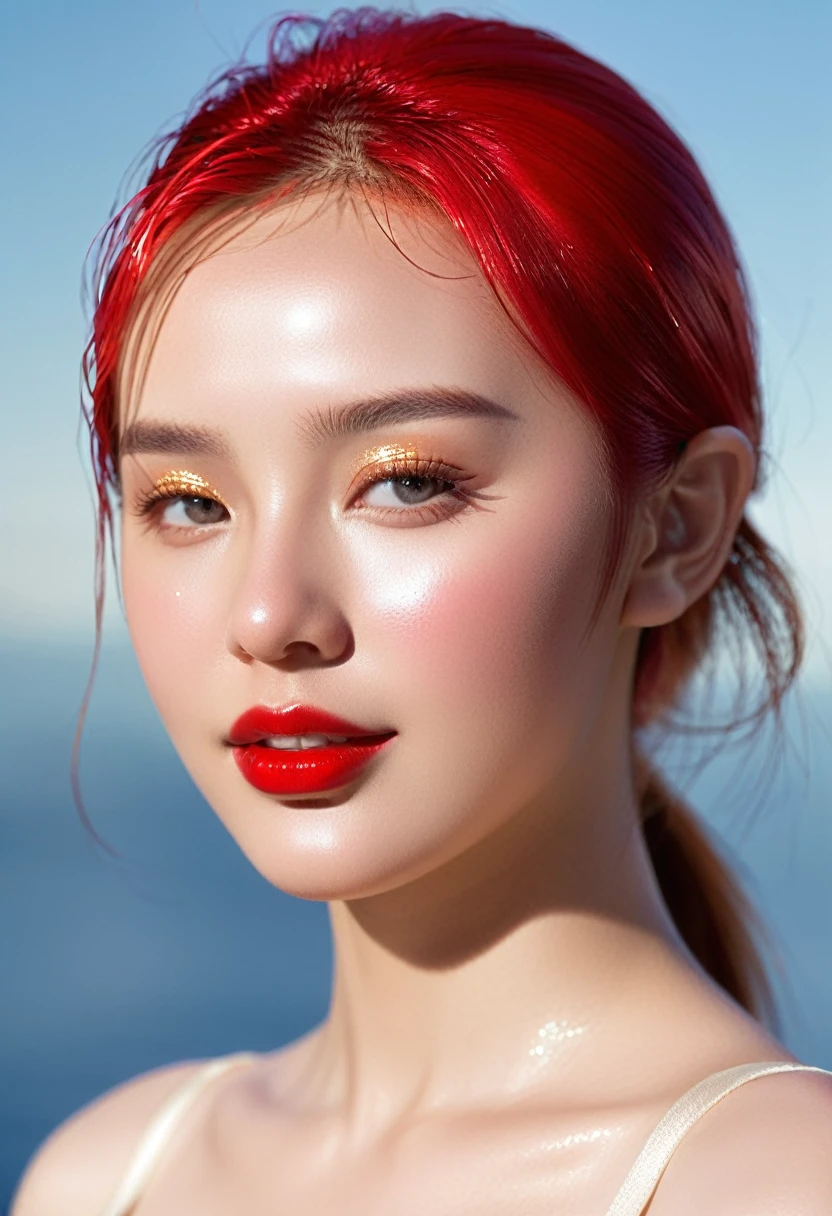 1 girl, Chinese model, extremely beautiful, perfect body. 8K photo quality is lifelike, masterpiece, sharpest and highest contrast, super realistic color photos. Her hair is pink, long and silky, blowing beautifully in the wind under the bright sunlight. Beautiful face, perfect and sexy, holy, perfectly balanced, beautiful in every detail, ((shiny)), high-end makeup cosmetics. Bright and radiant smile, white and even teeth. Sexy glossy red lips, brilliant glossy red lips. Brown eyes, glitter, seductive, ((sharp makeup)), realistic, ((wet eyes)), details, pink eyeshadow, eyelashes, blush, high-end cosmetics. Two delicate eyelids, beautiful, perfect black eyelashes. Eyebrows are curved, sparse, sharp and detailed. High and detailed nose. Cheeks are rosy, prominent and detailed. ((Bright white skin)), detailed pores, shiny skin, smooth and shiny skin. Beautiful, perfect hands, ((no flaws)), no flaws. Her breasts are big and full, her nipples prominent and detailed, her cleavage deep and firm and firm. Plump butt. She spread her legs wide open, her breasts exposed, her vagina exposed, her pubic hair clearly visible and her vaginal juices glistening. The scene evokes an atmosphere that is both peaceful and exciting. The photo focuses on the girl's vagina.