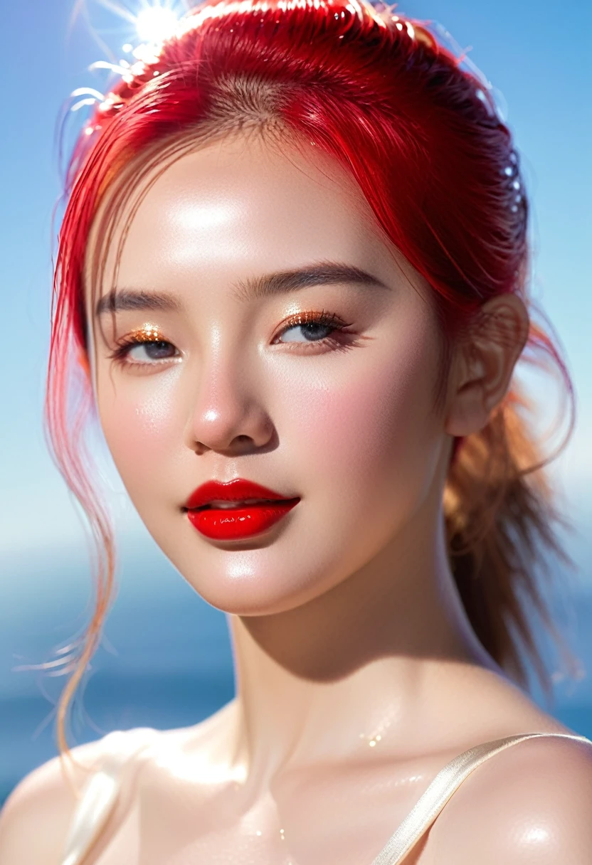 very beautiful girl, korean mixed idol model;
age from 18-20 years old;
detailed, ivory-white, rosy, shiny, glossy skin;
golden red hair, smooth, flowing in the sunlight, detailed;
blue eyes, seductive, ((sharp makeup)), realistic, ((wet)), detailed, pink eyeshadow;
two delicate eyelids, perfectly beautiful, detailed, black eyelashes;
curved, sparse, sharp, detailed eyebrows;
beautiful and perfect face, saintly, light makeup, perfectly proportioned, beautiful in every detail, ((shiny)), cosmetics;
beautiful, lovely, high, detailed nose;
Blush, prominent, detailed cheekbones;
seductive lips, glossy pink lips;
radiant smile, pure white teeth, details;
super perfect body, full of vitality, tight clothes;
big and full breasts, prominent nipples, deep, firm cleavage, tight with bra, detailed;
plump buttocks, tight fitting underwear;
wearing a mesh bra, metallic thread, ((shiny));
wearing tight, bright red underwear;
Lifelike:1.1, ((masterpiece)), ((highest quality image)), ((not NSFW)), ((8K)), CG, HD, ((sharp and contrast)), ( (super beautiful graphics)), ((professional)), ((detailed and vibrant colors)), ((super smooth images)), ((advanced photo techniques)), ((true RAW) ), ((Perfect image texture)), ((Perfect image scale structure));
complex light, yellow-black rays, ((lighting the face));
sunlight ((sparkle)), ((illuminates the girl's body));
((golden armor)), ((dragon scales)) ornately decorated;
Photo taken with Canon EOS R5 85mm f/11 Camera, ((sharp)) mode of people and surrounding scenery. Image quality ((8K)), ((lifelike)), ((masterpiece)), ((sharp and highest contrast)), ((great depth of field)), ((light stereolithography)).
((Pink hair)), ((high-end cosmetic makeup)), ((bright, radiant smile)), ((brilliant glossy red lipstick)), ((Ivory, white skin bright)), detailed pores, ((glossy skin)), ((Light shining directly on the face)), bright sunlight, (((Hyper Real)))