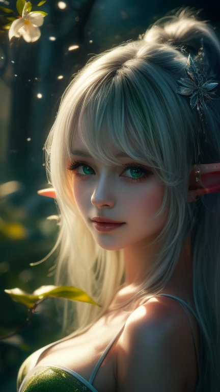 a portrait of a elf girl with freckles and bright striking blue eyes posing for a photo,full body, bare shoulders, muscular, fit, defined abs, thongs, (prominent cameltoe) white freckles, long flowing green hair flying, glowing radiance, beautiful pale makeup, color portrait, stunning portrait, elegant freckles, wearing black thongs with glowing runes of power, black gloves, star-shine, gold dust spread across her skin and her face, (dark, hyper-realistic photos (((portrait))) refraction ,Dark background of magical night forest, deep woods, towering ruins, starlight skies, A mystical and epic landscape, featuring a fantastical and surreal world of floating islands, giant trees, and mythical creatures, that transport the viewer to a world of imagination and wonder, artstation, digital art, intricate, trending, bright colors suitable for viewing in public places A masterpiece, the best quality, stunning reflections, the best reflections ever. (very detailed CG unity 8k wallpapers), (best quality), (best illustrations), (best shadows), forest theme with natural elements. Tall trees, quiet streams, small glowing mushrooms surrounded by delicate leaves and branches, with fireflies and glowing particle effects,, (natural elements), (jungle theme), (leaves), (twigs), (fireflies), butterflies, (delicate leaves), (glow), (particle effects). , Isometric 3D, Octane Rendering, Ray Traced, Super Detailed