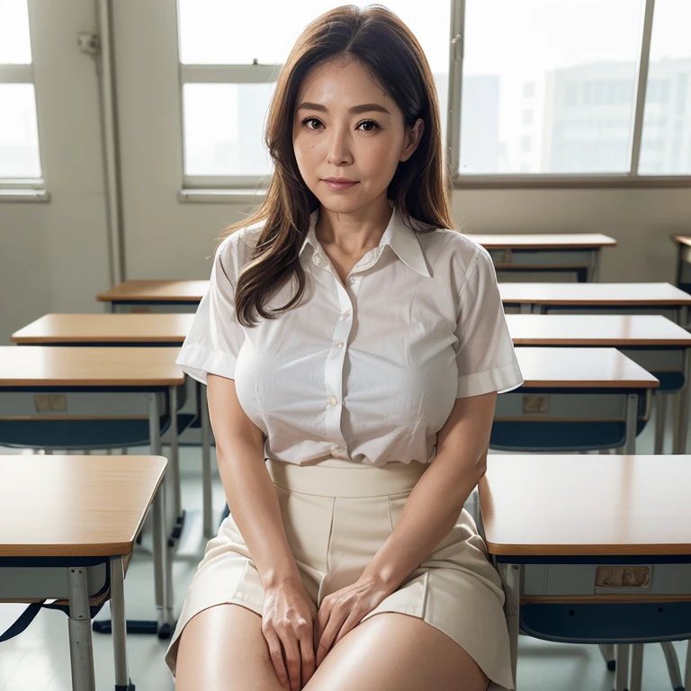 High resolution, High-level image quality, High definition, masterpiece, 8k, Anatomically correct, Professional Lighting, sharp, White Photo,
((Japanese Mature, 90 years old, Beautiful female teacher)), One person, ((Facial wrinkles)), Shapely large breasts, Straight, light brown, long hair that reaches the shoulders and is parted to the right, Chubby body type, Tired face,
(((Next to a desk in a school classroom,She sits with her legs spread on the desk and looks at the viewer.)))
(((A thin white short-sleeved summer buttoned shirt tucked into a skirt, Tight white long flared summer skirt))),
Composition from knee to head