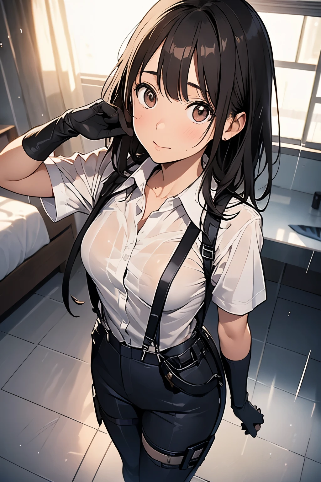 1 female, , high quality, masterpiece, Ultra-high resolution, , Cinema Lighting, , , And the suspenders with the cranes flying Large Breasts Small face holster Lying in bed Looking up Sweat belt summer 脇Sweat Black Hole Gloves suit shirt Black jacket Black trousers Leg Links ズボンにbelt holster Hands behind your back Anxious expression Looking up Anxious face, legs apart Armament Cable ties レッグholster holster See-through clothing heavy rain Getting wet in the rain
