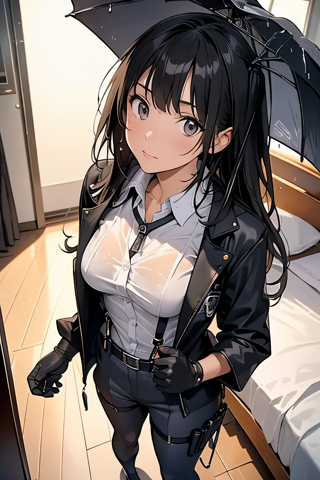 1 female, , high quality, masterpiece, Ultra-high resolution, , Cinema Lighting, , , And the suspenders with the cranes flying Large Breasts Small face holster Lying in bed Looking up Sweat belt summer 脇Sweat Black Hole Gloves suit shirt Black jacket Black trousers Leg Links ズボンにbelt holster Hands behind your back Anxious expression Looking up Anxious face, legs apart Armament Cable ties レッグholster holster See-through clothing heavy rain Getting wet in the rain