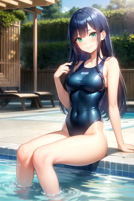 ((hdr, highest resolution, best quality, beautiful, raw image)),1girl, , blue hair, long hair, (half up hair), bangs, (blushing:1.1), smiling, green eyes, full body, slender, (medium breasts), thighs, , blue one piece swimwear, outdoor pool ,((float ring)),