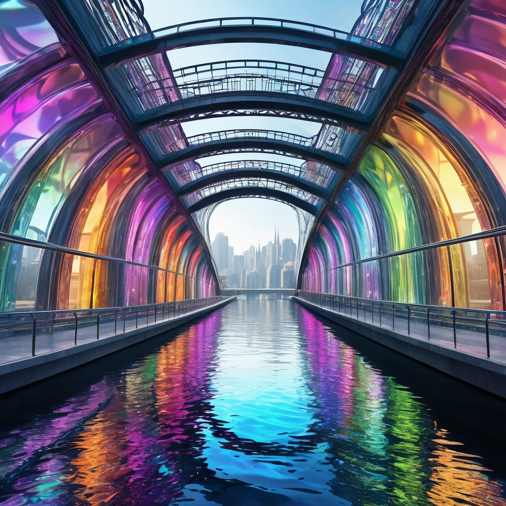 conceptual installation art, transparent arched bridge over the river, columns made of metal-plated coils, iridescent colors, futuristic fantasy, shading effects, gradation magic effects, (ultra detailed, absolutely resolution, best quality:1.3), 2.5D, delicate and dynamic, artistic photography, hyper realistic, graphic CG digital art