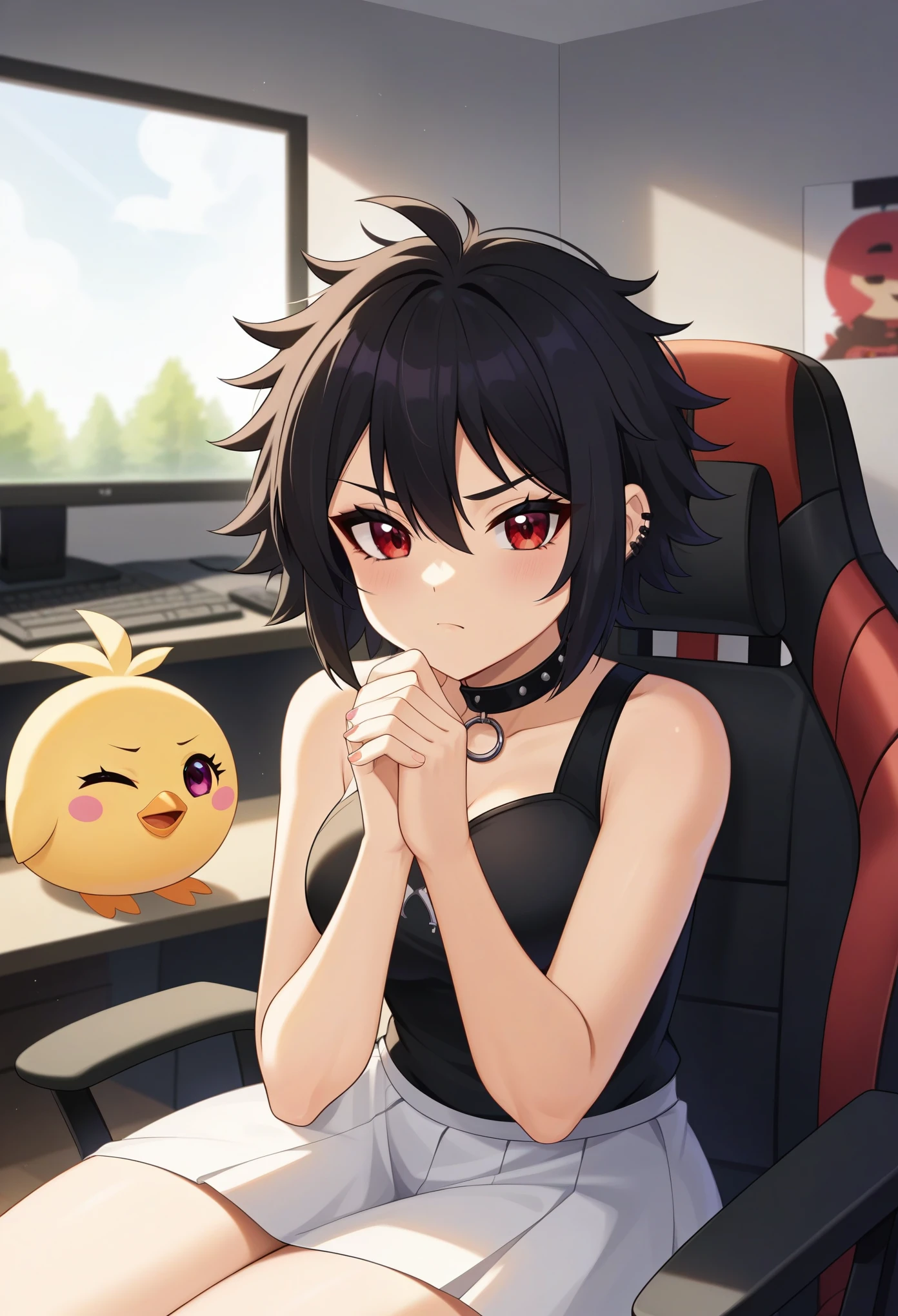 ((junkotvvxl, cabello negro, ojos rojos, orejas de gato, Adult, Female, Black hair, red eyes)), goth girl, gothic aesthetic, goth clothing, goth make up, thick thighs, medium chest, annoyed, disgruntled, sitting in gaming chair, gt racing chair, bedroom, gothic bedroom, aesthetic bedroom, Masterpiece, Accurate, Anatomically Correct, Best Quality, High Details, Detail, Super Detailed, Best detail, Perfect detail, Amazing detail, [-3, 3], perfect hands, best hands, best fingers, perfect fingers, perfect body, best body, amazing body, Looking at viewer, front facing, upper body shot, orejas de gato,(((neko ears))), (chica neko), cute neko ears, messy hair,(flequillo), (coletas), (cabello largo),