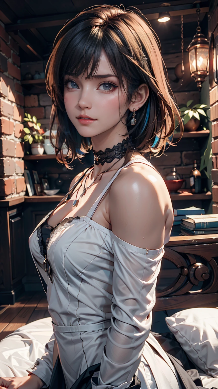 masterpiece, Highest quality,3dレンダリング作品 ,3dMMスタイル,close,Portraiture, 3d,One girl, alone, Multicolored Hair, Blue Hair, Black Hair, necklace, freckles, jewelry, Two-tone hair, Look to the side, Realistic,Simple Background, bangs, avert your eyes, short hair, parted lips, Iris, lips, Gothic, choker, compensate, Mole, black shirt, shirt, watermark、Off-the-shoulder lace dress（You can see through your bare skin)、Stiletto heels