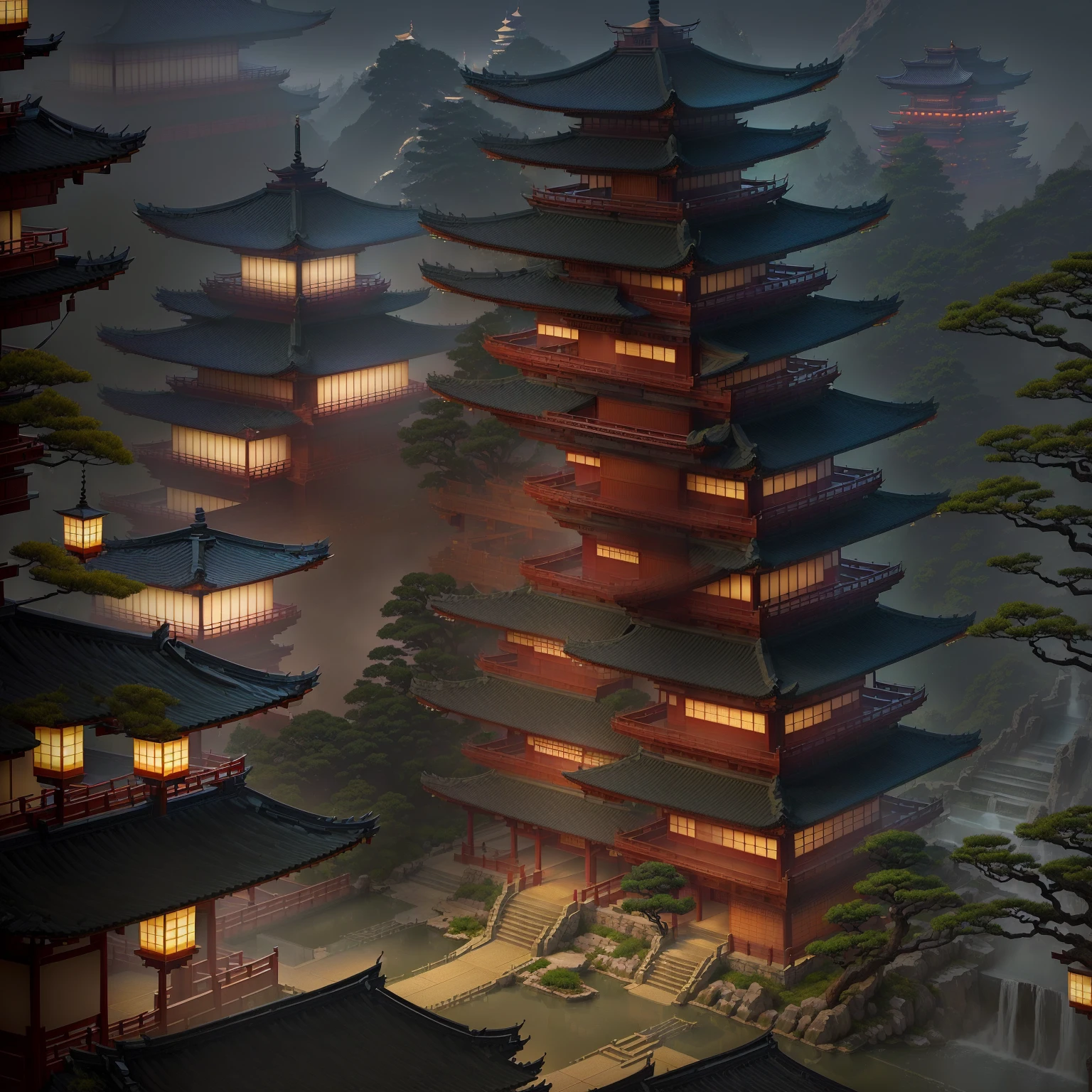 Alafeda Tower in the Japanese Garden,There are waterfalls and lanterns, Digital painting of pagoda, Japanese temples, Zen temple background, cyberpunk Japanese temples, Chinese architecture, Kyoto inspiration, Beautiful digital art work, Amazing wallpapers, Japanese architecture, Beautiful rendering of the Tang Dynasty, Detailed Landscape—Width 672, Chinese Palace, japanese shrine waterfall, Beautiful and detailed scenes,((There is a terrace in the foreground1.8)) ,((low angle shot 1.7))