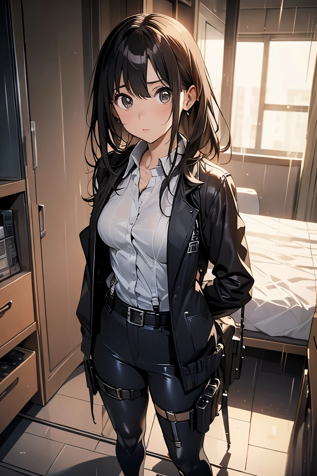 1 female, , high quality, masterpiece, Ultra-high resolution, , Cinema Lighting, , , And the suspenders with the cranes flying　　　Large Breasts　 　 　　　　Small face　 　　　holster　　　　　　　 Lying in bed　Looking up　　　　Sweat 　　　belt　summer　脇Sweat 　Black Hole Gloves　suit　shirt　　Black jacket　 Black trousers　Leg Links　ズボンにbelt　　holster　 　　Hands behind your back　 Anxious expression　Looking up　Anxious face, legs apart　Armament　　Cable ties　レッグholster　holster　See-through clothing　heavy rain　Getting wet in the rain