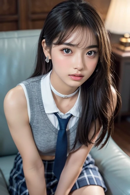 1 girl、17 year old female、cute、Gray-haired、clothing（cropped sleeveless shirt、Check skirt、Knee socks、Light blue tie） And a very slim figure,,,,,、Very thin leganicules、Earrings、Pink Lip、choker、Real、Sexual、Highest quality、Detailed face、Detailed Background、Depth of written boundary、whole body viewing angle、Get on your knees and sit on the couch、Sexual、alone、night,Highest quality、High resolution、超High resolution（Real：1.4）Detailed eyes、Gradation、Perfect anatomical figure、Woman with perfect body、Highly detailed skin、非常にDetailed face、Beautiful eyes in every detail、Background Blur