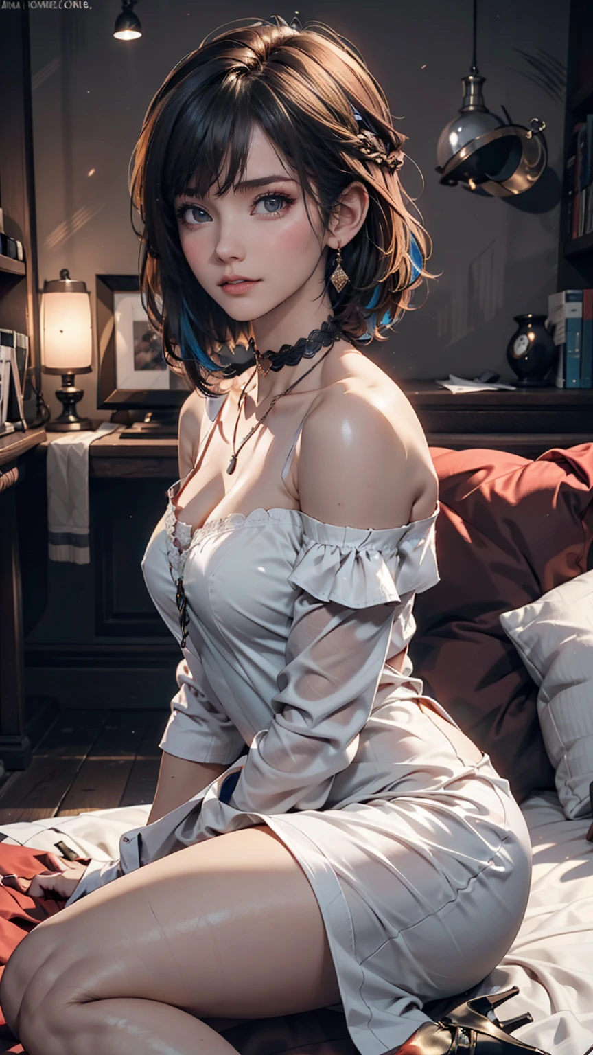 masterpiece, Highest quality,3dレンダリング作品 ,3dMMスタイル,close,Portraiture, 3d,One girl, alone, Multicolored Hair, Blue Hair, Black Hair, necklace, freckles, jewelry, Two-tone hair, Look to the side, Realistic,Simple Background, bangs, avert your eyes, short hair, parted lips, Iris, lips, Gothic, choker, compensate, Mole, black shirt, shirt, watermark、Off-the-shoulder lace dress(You can see through your bare skin)、Stiletto heels