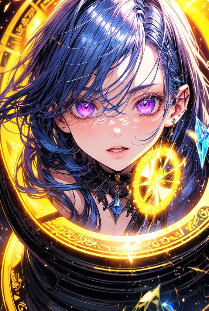(masterpiece, best quality, ultra-detailed, best shadow), (detailed background,dark fantasy), (handsome detailed face), high contrast, (best illumination, an extremely delicate and beautiful), ((cinematic light)), colorful, hyper detail, dramatic light, intricate details, (1male, solo,white with blue hair, sharp face,purple eyes, hair between eyes,dynamic angle), blood splatter, swirling black light around the character, depth of field, yellow light particles,(broken glass),magic circle,