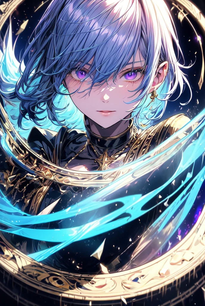 (masterpiece, best quality, ultra-detailed, best shadow), (detailed background,dark fantasy), (handsome detailed face), high contrast, (best illumination, an extremely delicate and beautiful), ((cinematic light)), colorful, hyper detail, dramatic light, intricate details, (1male, solo,white with blue hair, sharp face,purple eyes, hair between eyes,dynamic angle), blood splatter, swirling black light around the character, depth of field, yellow light particles,(broken glass),magic circle,