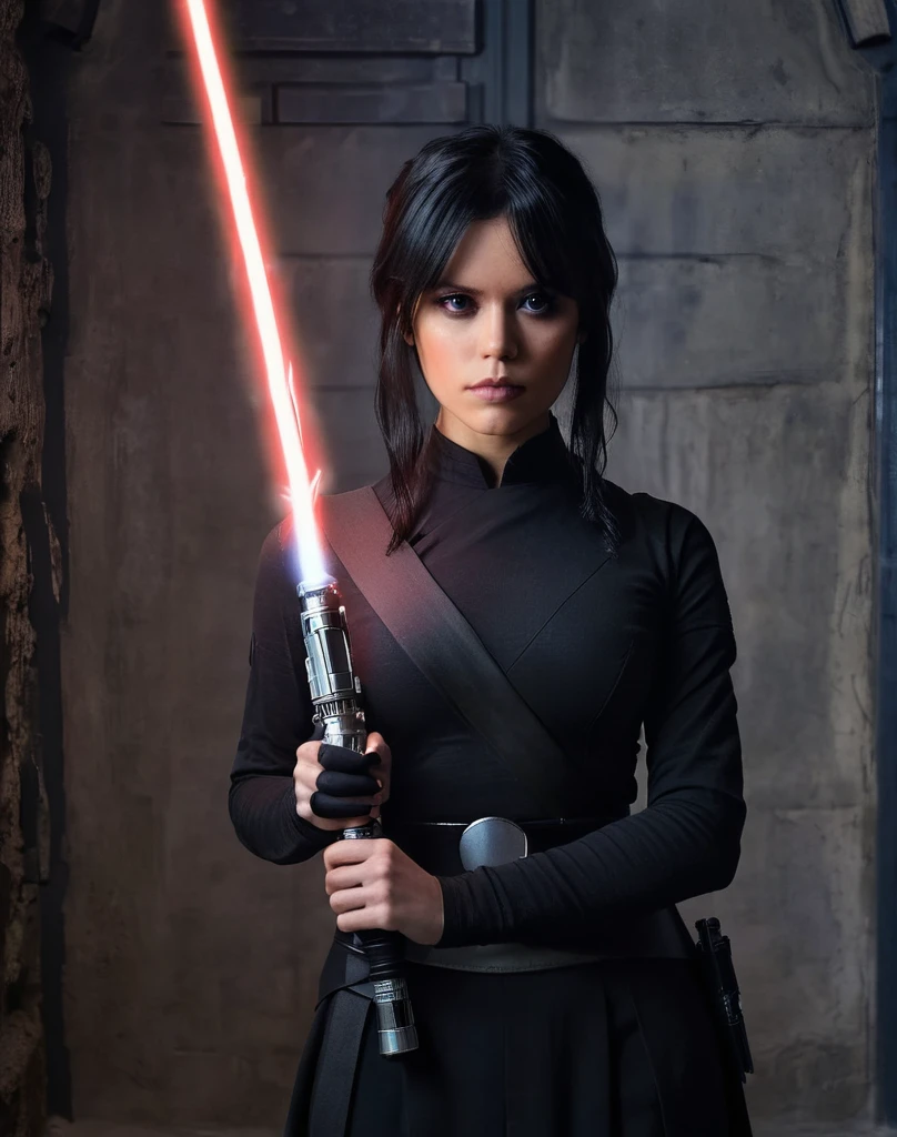 a beautiful picture of w3dn3sday holding a lightsaber masterpiece, photorealistic, woman, detailed, backlighting, light, RAW color photo,(fully in frame:1.1), detailed skin texture, (blush:0.5), (goosebumps:0.5),wearing a uniform, black hair, 