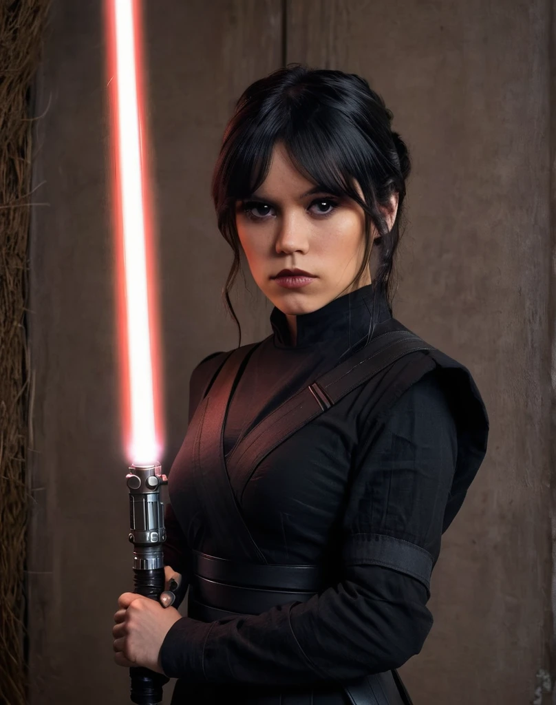 a beautiful picture of w3dn3sday holding a lightsaber masterpiece, photorealistic, woman, detailed, backlighting, light, RAW color photo,(fully in frame:1.1), detailed skin texture, (blush:0.5), (goosebumps:0.5),wearing a uniform, black hair, 