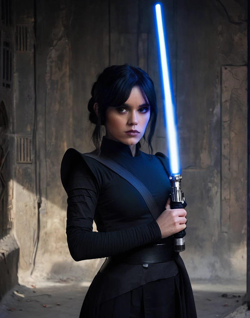 a beautiful picture of w3dn3sday holding a lightsaber masterpiece, photorealistic, woman, detailed, backlighting, light, RAW color photo,(fully in frame:1.1), detailed skin texture, (blush:0.5), (goosebumps:0.5),wearing a uniform, black hair, 