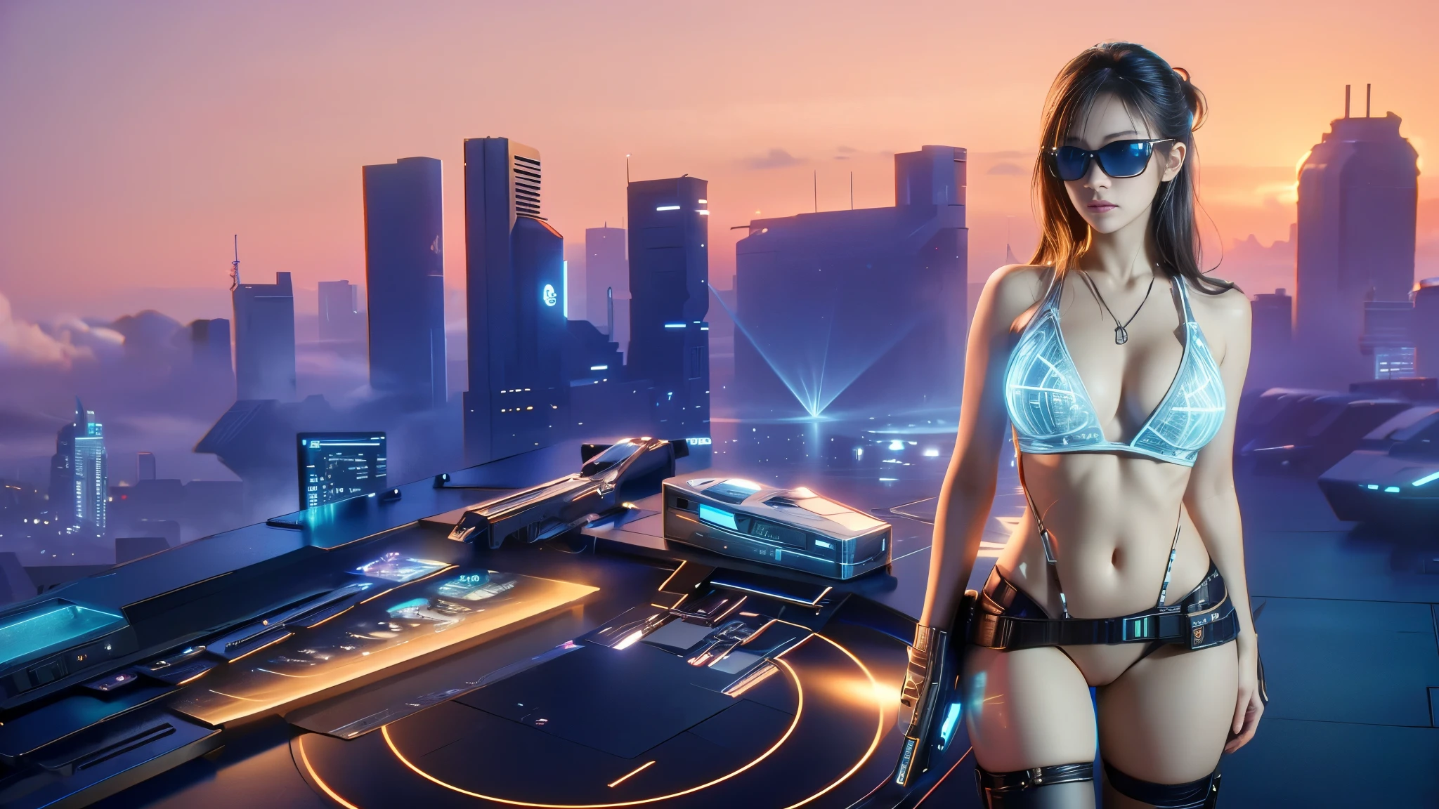 DonMH010D15pl4y, cyberpunk city street. (((1girl, solo, alone))), blue holographic portrait, large-breast:1.2 slim:0.6 body, slim face, cleavage:1.1, sexy jacket, (black sunglasses), (((holding a pistol))), dynamic pose, ((half-body thigh:1.1 level medium shot)), mysterious fog, cinematic lighting, ray tracing.