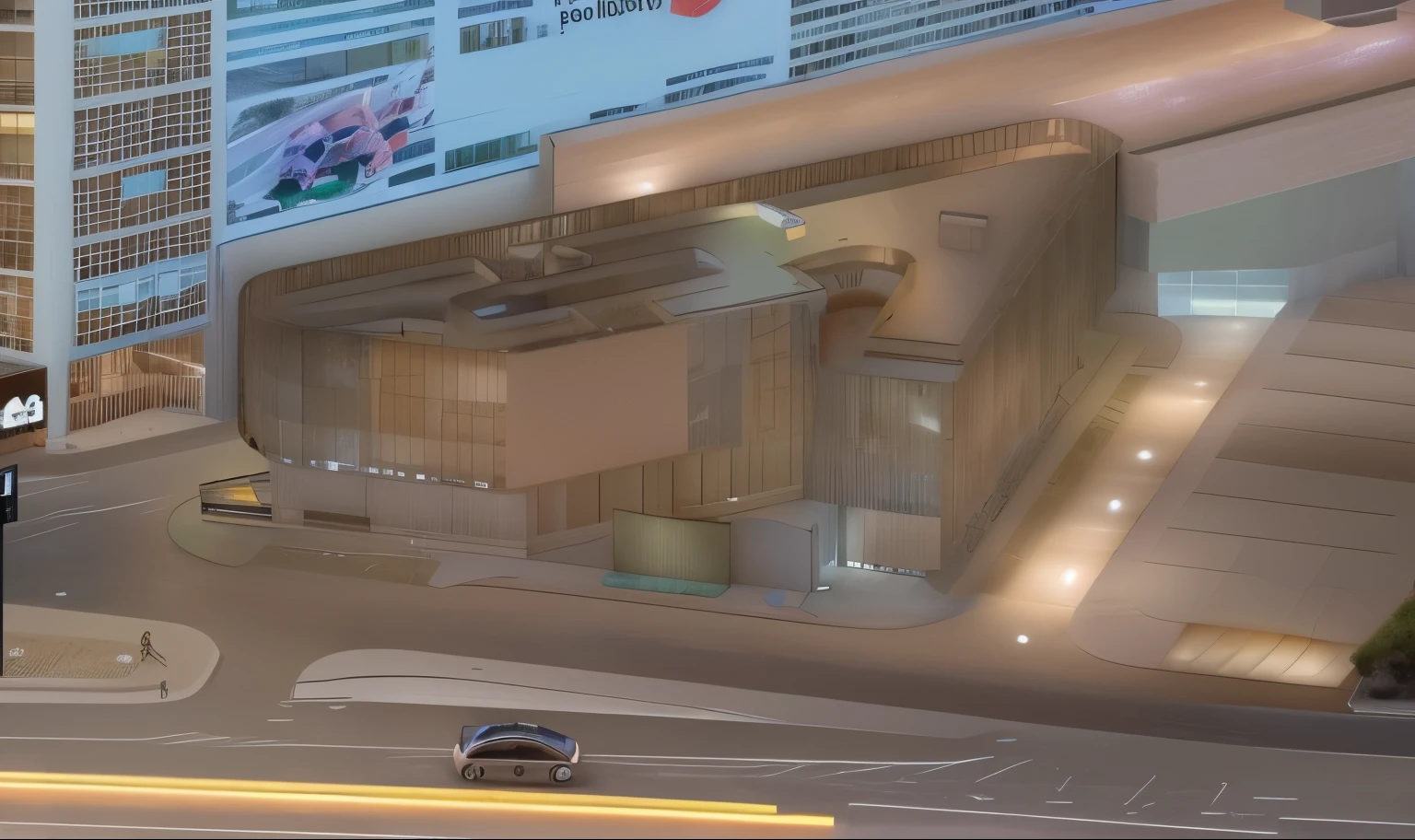 arafed view of a shopping center with a large advertisement on the side, a digital rendering by Sam Black, trending on cg society, wide angle exterior 2022, artist impression, artist's impression, a hyper realistic, hyper-realistic, hyper - realistic, artistic impression, realistic shot, interesting angle, front facing shot, shopping mall, conceptual, conceptual art, modern, high quality