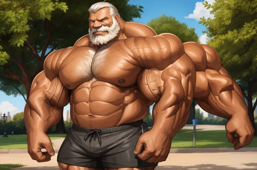 1boy, 1man, solo. Park, extremely huge muscular, massive muscular , (topless, shirtless, shorts), well-muscled old man. ((extremely muscle size, super thick arms, huge pec, extremely wide pectoral , huge arms)), wide smiling. Add textures and details to make the image more realistic, such as the appearance of the. Make sure the resulting image is high resolution, 8K quality
