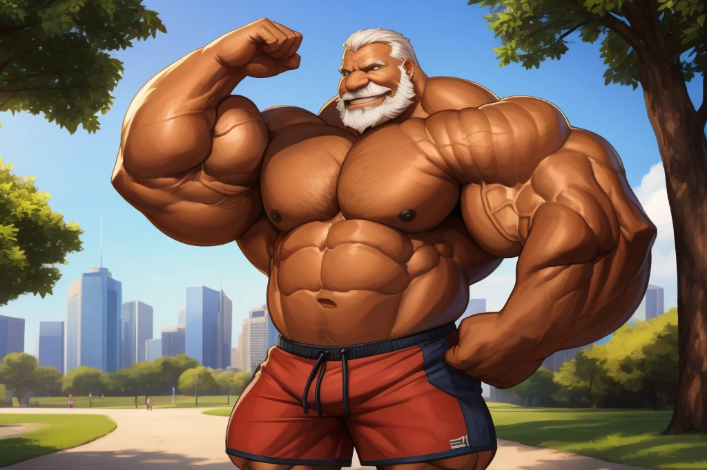 1boy, 1man, solo. Park, extremely huge muscular, massive muscular , (topless, shirtless, shorts), well-muscled old man. ((extremely muscle size, super thick arms, huge pec, extremely wide pectoral , huge arms)), wide smiling. Add textures and details to make the image more realistic, such as the appearance of the. Make sure the resulting image is high resolution, 8K quality