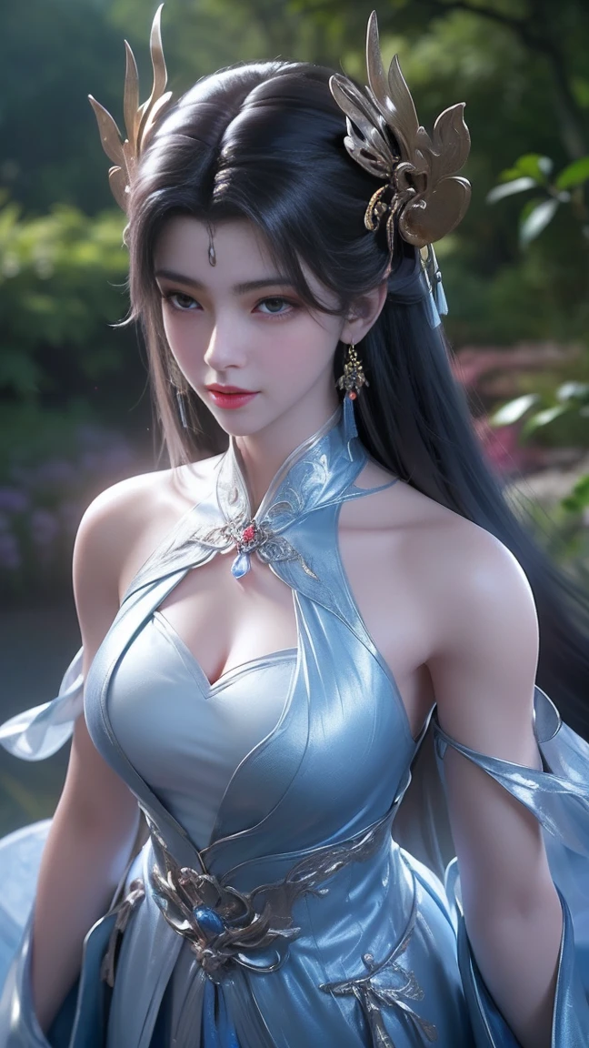 top-quality、masterpiece、超A high resolution、(Photorealsitic:1.4)、Raw photo、、White porcelain body、Acrylic Clear Cover、white hair、glowy skin、1 Cyborg Girl、((super realistic details)、Shadow、octan render、8K、ultrasharp、character edge light,Colossal 、Raw skin is exposed in cleavage、Details of complex ornaments、Zeta Gundam details、Hydraulic cylinder、Small LED lamp、highly intricate detail、Realistic light、a purple eye、radiant eyes、Facing the camera、neon details、cowboy shot、Futuristic headgear、About Cyberpunk、、perfect face, face cold, random expressions,random action, ancient japanese architecture,pond, a close up of a woman in a dress holding a sword, by Yang J, Anime fantasy illustration, 2. 5 D CGI anime fantasy artwork, Chinese fantasy, xianxia fantasy, author:Fan Qi, Inspired by Lan Ying, trending digital fantasy art, Beautiful character painting, Fantasy art style, a beautiful fantasy empress, inspired by Wu Bin, Inspired by Ai Xuan, face smile, In his right hand, he held a small blue bag, panicking face, in the dark forest, Cinematic lighting, depth of field, glowing light, ray tracing, reflection the world, close-up, masterpiece, masterpiece, high quality, Best quality, high detail, accurate, anatomically correct, Textured leather, uhd, A high resolution, 1080P