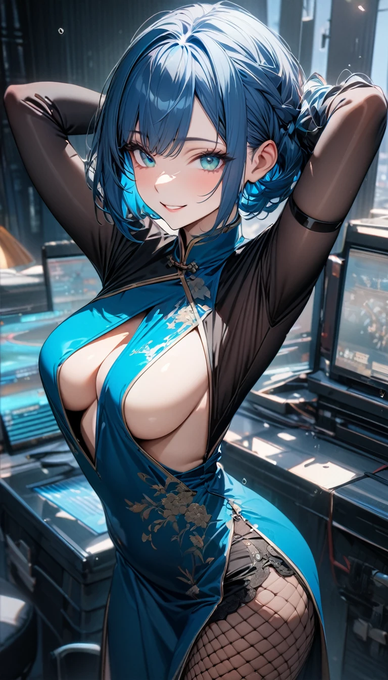 Adult woman, short blue hair, bob hairstyle, turquoise eyes, blue Chinese dress, one tight black sleeves open breasts, transparent elements, fishnet elements, black tight trousers, smile, hands behind head, Masterpiece, best quality, Full HD, 8k, ultra details, great graphic