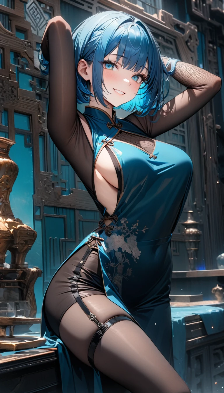 Adult woman, short blue hair, bob hairstyle, turquoise eyes, blue Chinese dress, one tight black sleeves open breasts, transparent elements, fishnet elements, black tight trousers, smile, hands behind head, Masterpiece, best quality, Full HD, 8k, ultra details, great graphic