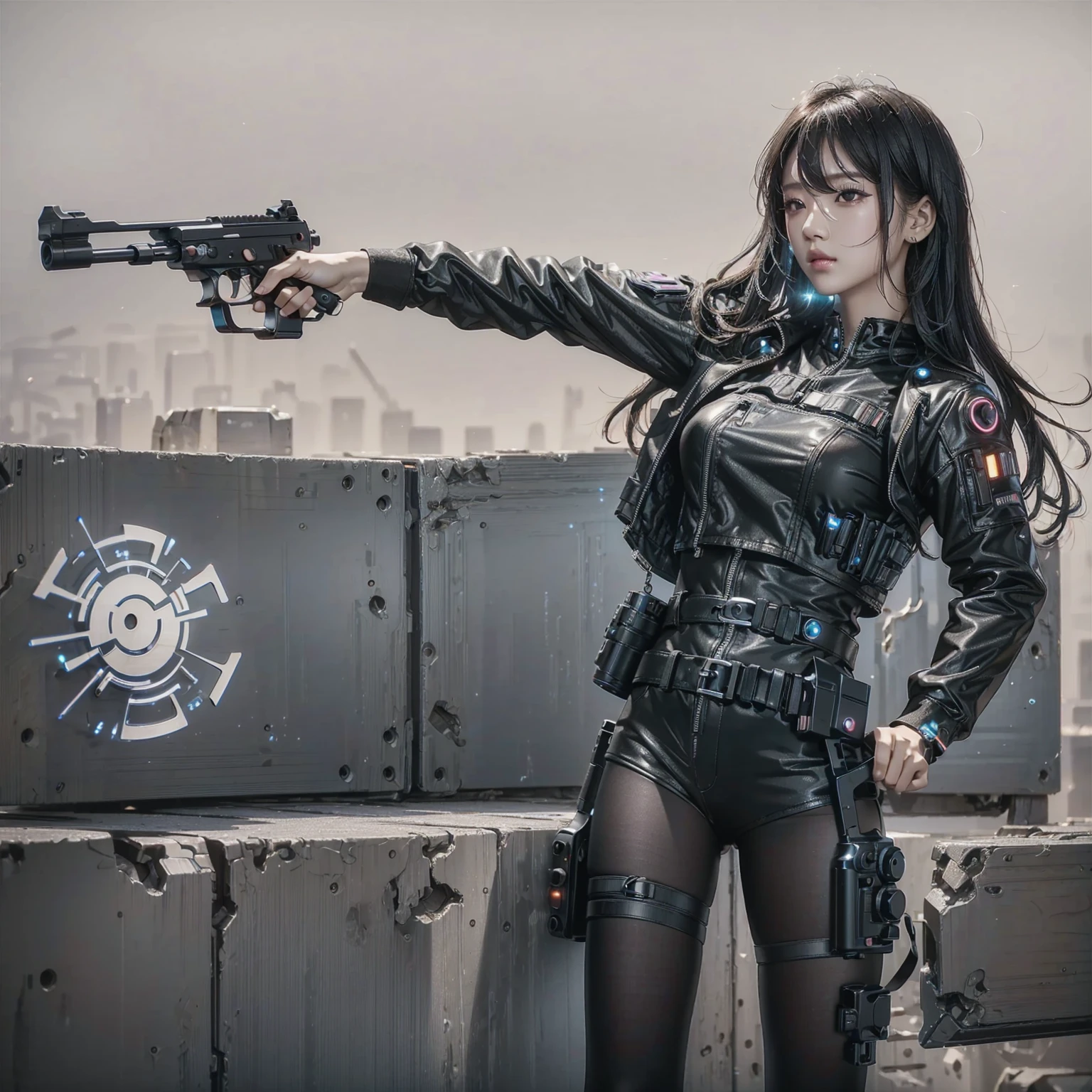 (Hold the gun., raw photos, best quality, skill:1.2), (realistically, realistic:1.37),(kpop idols), (Aegyo Sal:1),cute,professional lighting, Photon mapping, Radio City, Physical rendering , cosplay, lucy \(cyberpunk\), , mechanical parts, gray eyes, tight black suit, เมืองcyberpunk, black shorts, , neon light, sexy, smoke, looking up at the viewer,, High resolution in 8ก, 8ก, CG wallpaper, realistically, clear background, Medium bust, body,