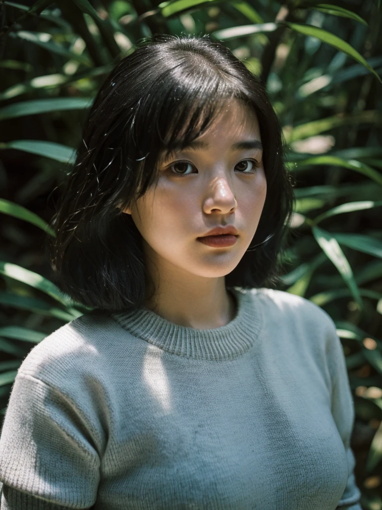 (full-length shot:1.5), (Best quality:1.3), 23y, 1sexy girl, JAV, (big breast:1.2), (tosca sweater dress), (cute face:1.4), wavy short hair blowing in the wind, (bangs:1.2), aesthetic posing in the bamboo plants, dramatic moment, kodacrhome, cinematic dark lighting, beautiful shadow and sunlight expossure, aesthetic, ultra highres, sharp focus, highly detailed, realistic face and skin, surreal view, shot by eos c with 35mm lens f2.0, (angle shot fom below:1.3), Portrait by annie leibovitz, perfect anatomy, perfrect object