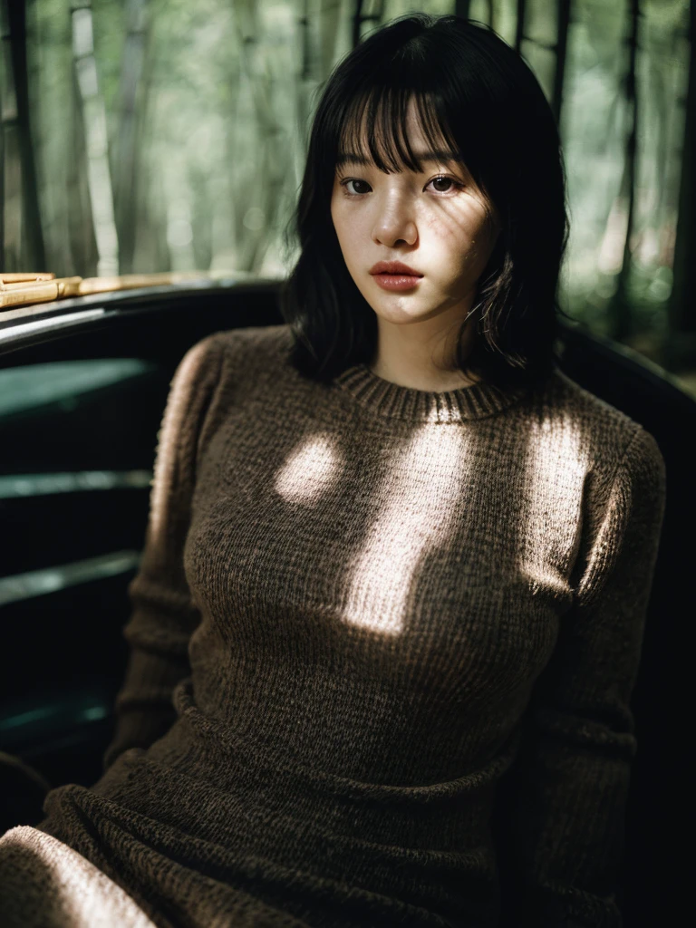 (full-length shot:1.5), (Best quality:1.3), 23y, 1sexy girl, JAV, (big breast:1.2), (tosca sweater dress), (cute face:1.4), wavy short hair blowing in the wind, (bangs:1.2), aesthetic posing in the bamboo plants, dramatic moment, kodacrhome, cinematic dark lighting, beautiful shadow and sunlight expossure, aesthetic, ultra highres, sharp focus, highly detailed, realistic face and skin, surreal view, shot by eos c with 35mm lens f2.0, (angle shot fom below:1.3), Portrait by annie leibovitz, perfect anatomy, perfrect object