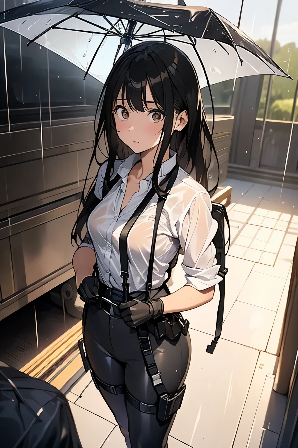 1 female, , high quality, masterpiece, Ultra-high resolution, , Cinema Lighting, , , And the suspenders with the cranes flying Large Breasts Small face holster Lying in bed Looking up Sweat belt summer 脇Sweat Black Hole Gloves suit shirt Black jacket Black trousers Leg Links ズボンにbelt holster Hands behind your back Anxious expression Looking up Anxious face, legs apart Armament Cable ties レッグholster holster See-through clothing heavy rain Getting wet in the rain