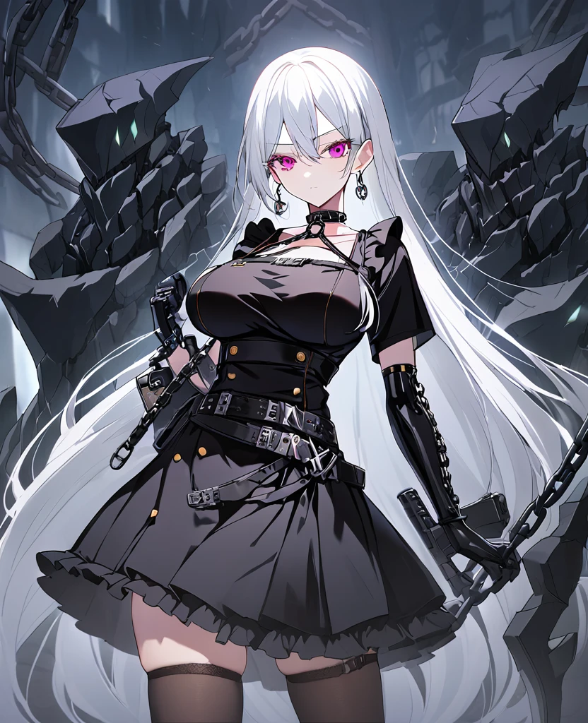 sovetsky_Soyuz, magenta eyes, long hair, earrings, choker, webbed belt, tactical, pouches, chain, black maid outfit, frills, apron, weapon Holster, webbed belt, tactical, pouches, frilled skirt, metal gloves, black thigh highs, large breasts, first rate breasts, Long eyelashes, eye shadow, long white hair, ominous vibe, expressionless, stoic, manor background, shadowy, Ultra quality, UHD, high detail, anime aesthetic, Anime screenshot, Ultra quality, UHD, high detail