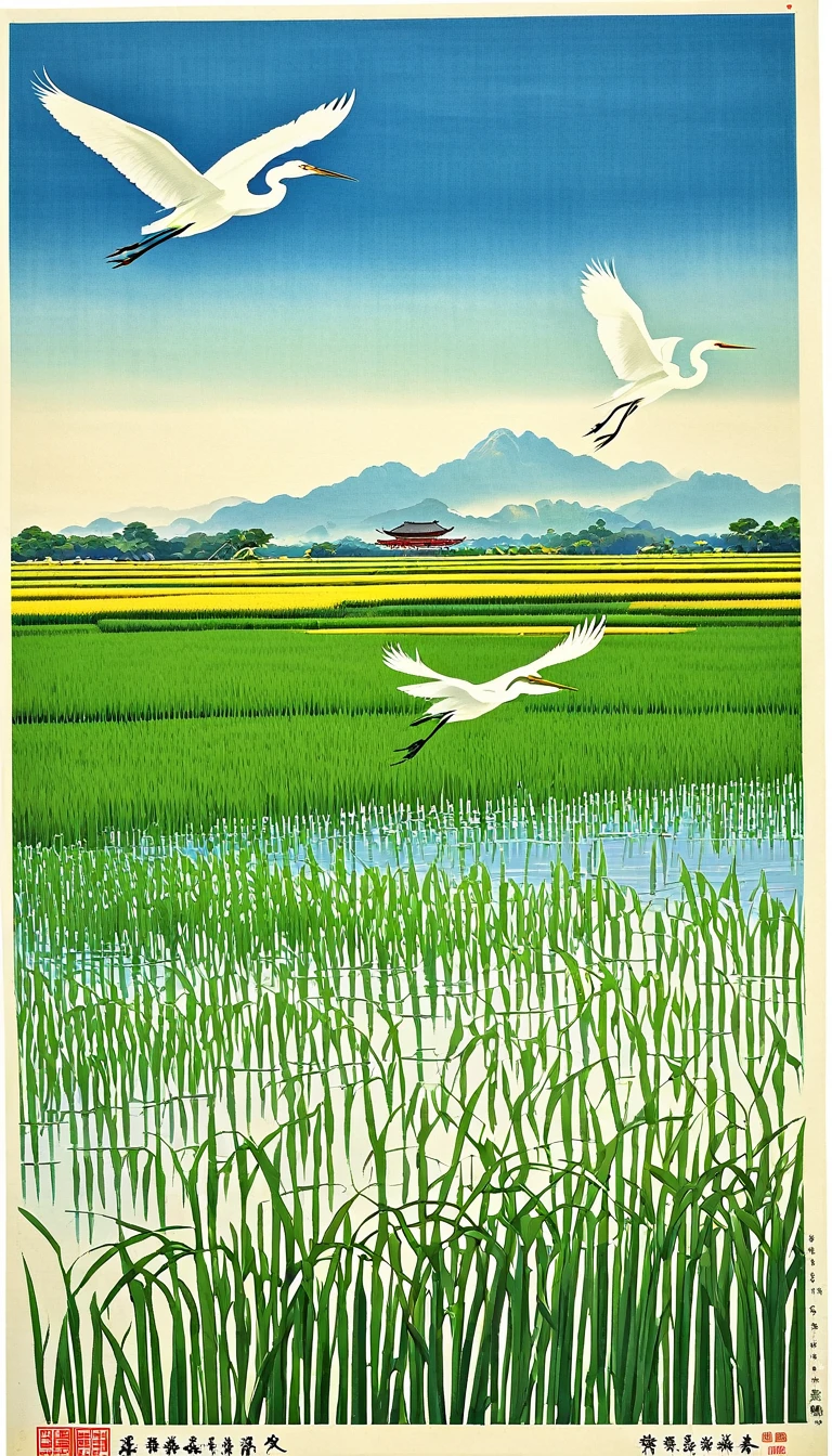 There is a Chinese poster,There is a rice field painted on it,There are egrets flying far away in the sky