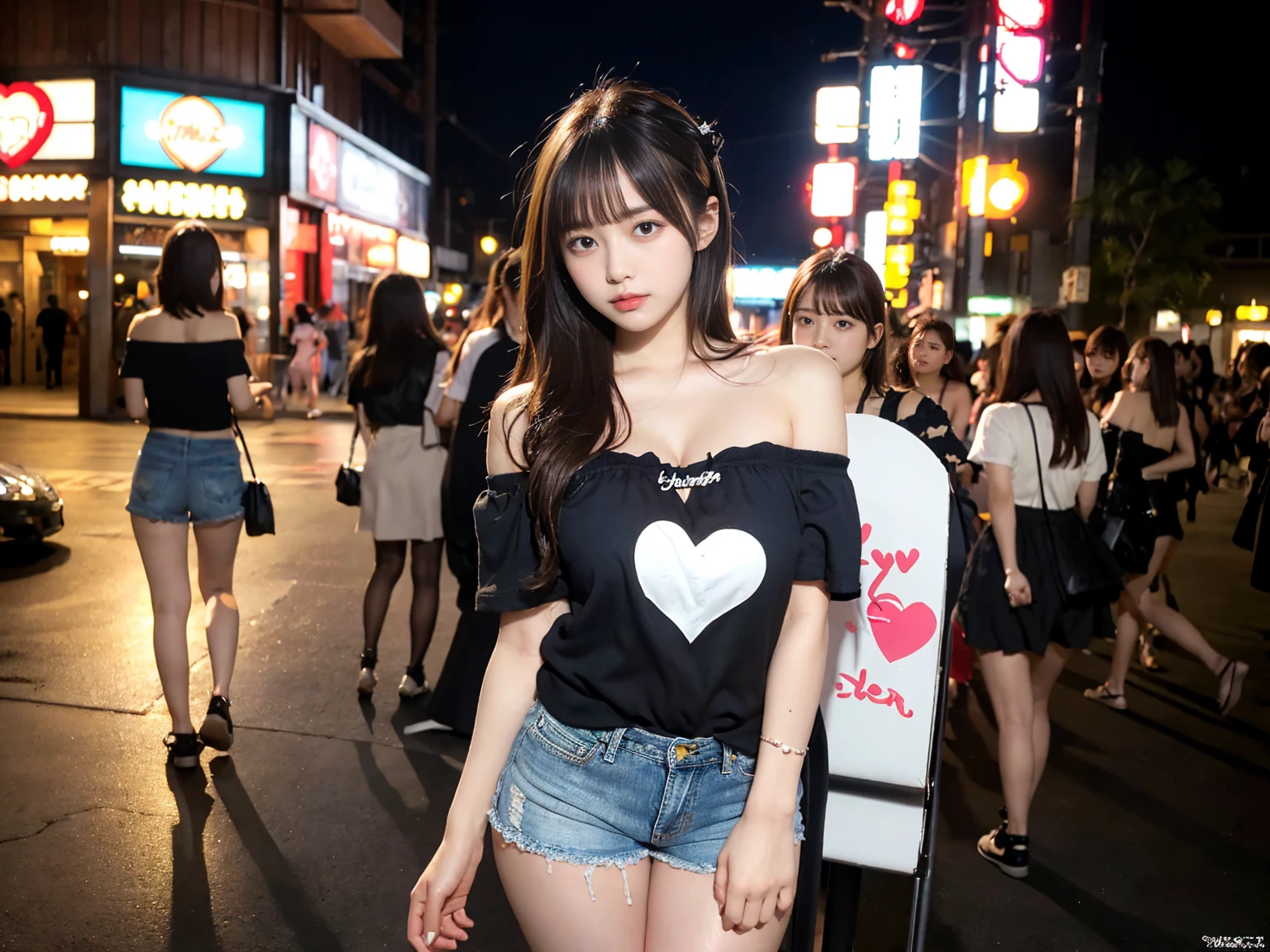masterpiece, highest quality, figure, Super detailed, small details, High resolution, 8k,wallpaper, Perfect dynamic composition,(Detailed high quality, realistic depiction of eyes:1.3), 2 girls, Off-the-shoulder T-shirt and denim mini shorts, short bob hair, black hair color, big natural color lip, bold sexy pose, (perfect body shape), crying a little、harajuku style、20 year old girl、cute type、Lolita、beautiful feet, night club, Burning idol pose, plump thighs, after sex,(heart:1.3), Sweat